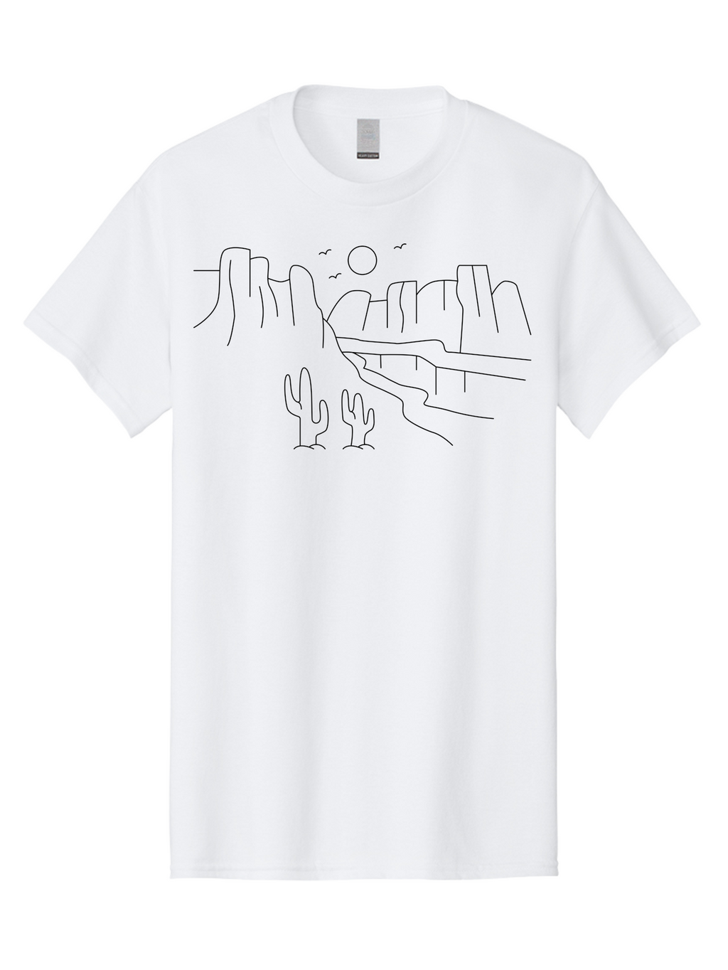 Desert-Scene Men'S Graphic Tee, 100% Cotton, Comfortable Casual Summer Wear, Machine Washable, Desert Landscape, Cacti, Rocky Cliffs, Birds Flying, Sun Shining, Simple Line Art, Minimalist Design, Outdoor Scenery, Natural Beauty -  Aaa185
