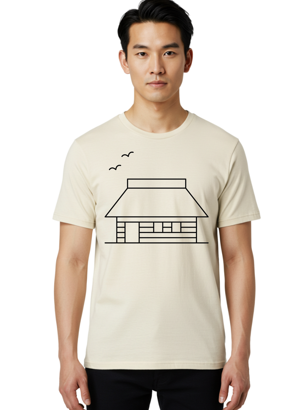 House-With-Birds Men'S Graphic Tee, 100% Cotton, Comfortable Casual Summer Wear, Machine Washable, Simple House Illustration, Minimalist Design, Birds Flying, Home Outline, Residential Architecture, Modern Graphic, Simple Shapes, -  Aaa188
