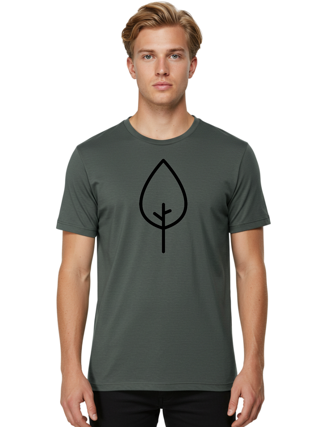Leaf Men'S Graphic Tee, 100% Cotton, Comfortable Casual Summer Wear, Machine Washable, Simple Leaf Icon, Minimalist Design, Nature Symbol, Eco-Friendly Logo, Black Outline, Leaf Shape -  Aaa189