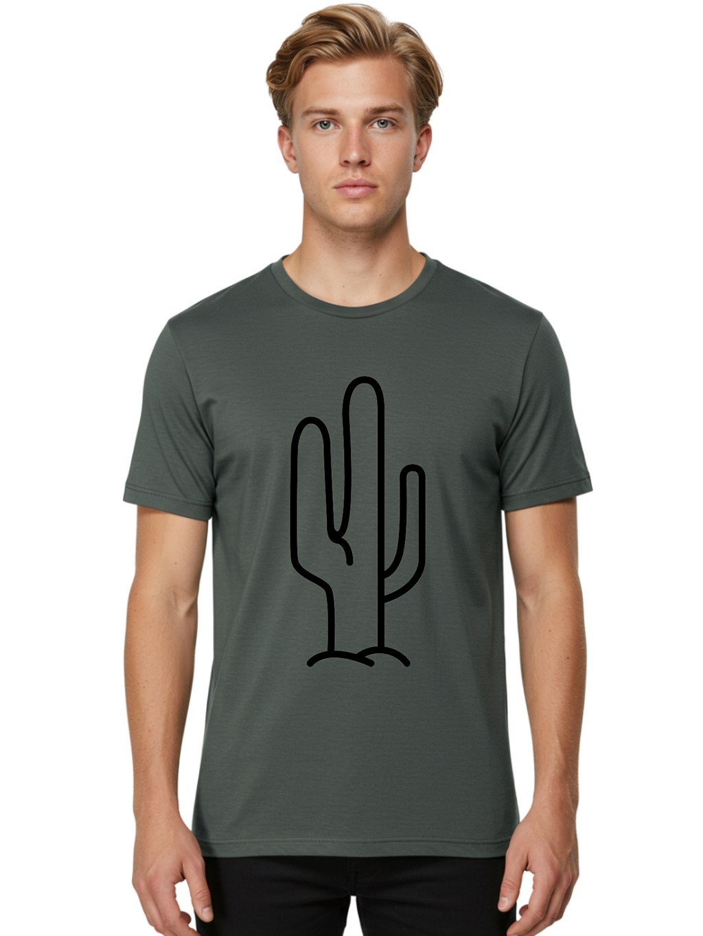 Middle-Finger-Cactus Men'S Graphic Tee, 100% Cotton, Comfortable Casual Summer Wear, Machine Washable, Simple Cactus Drawing, Minimalist Design, Black Outline, Desert Flora, Succulent Plant, Prickly Pear, Cartoon Style, Modern Art -  Aaa194