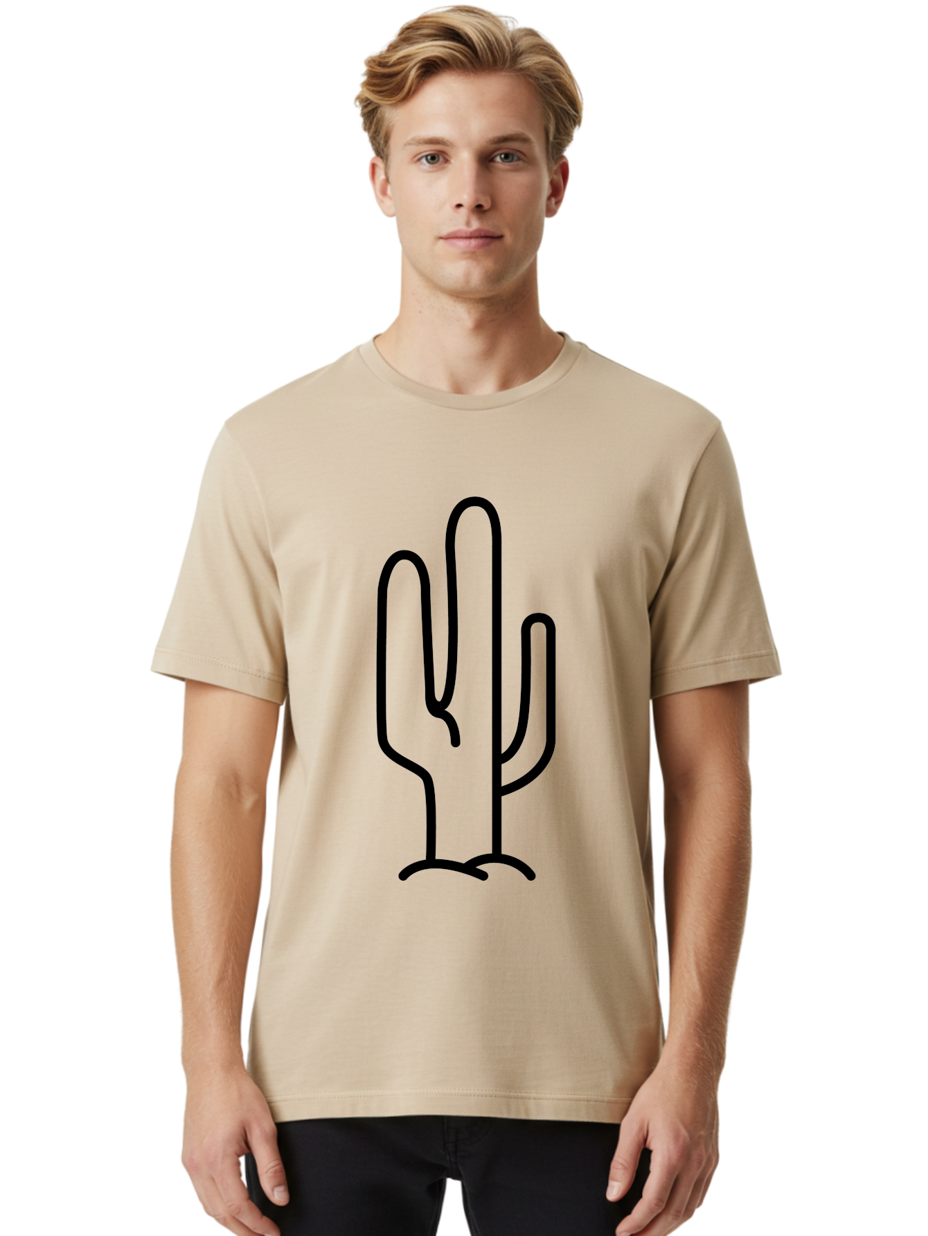 Middle-Finger-Cactus Men'S Graphic Tee, 100% Cotton, Comfortable Casual Summer Wear, Machine Washable, Simple Cactus Drawing, Minimalist Design, Black Outline, Desert Flora, Succulent Plant, Prickly Pear, Cartoon Style, Modern Art -  Aaa194