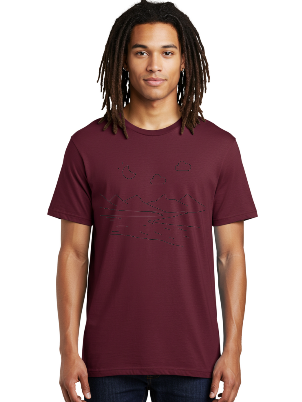 Moon-Stars-And-Clouds Men'S Graphic Tee, 100% Cotton, Comfortable Casual Summer Wear, Machine Washable, Moon And Stars, Serene Landscape, Majestic Mountains, Calm Water, Peaceful Atmosphere, Minimalist Design, Simple Art -  Aaa195