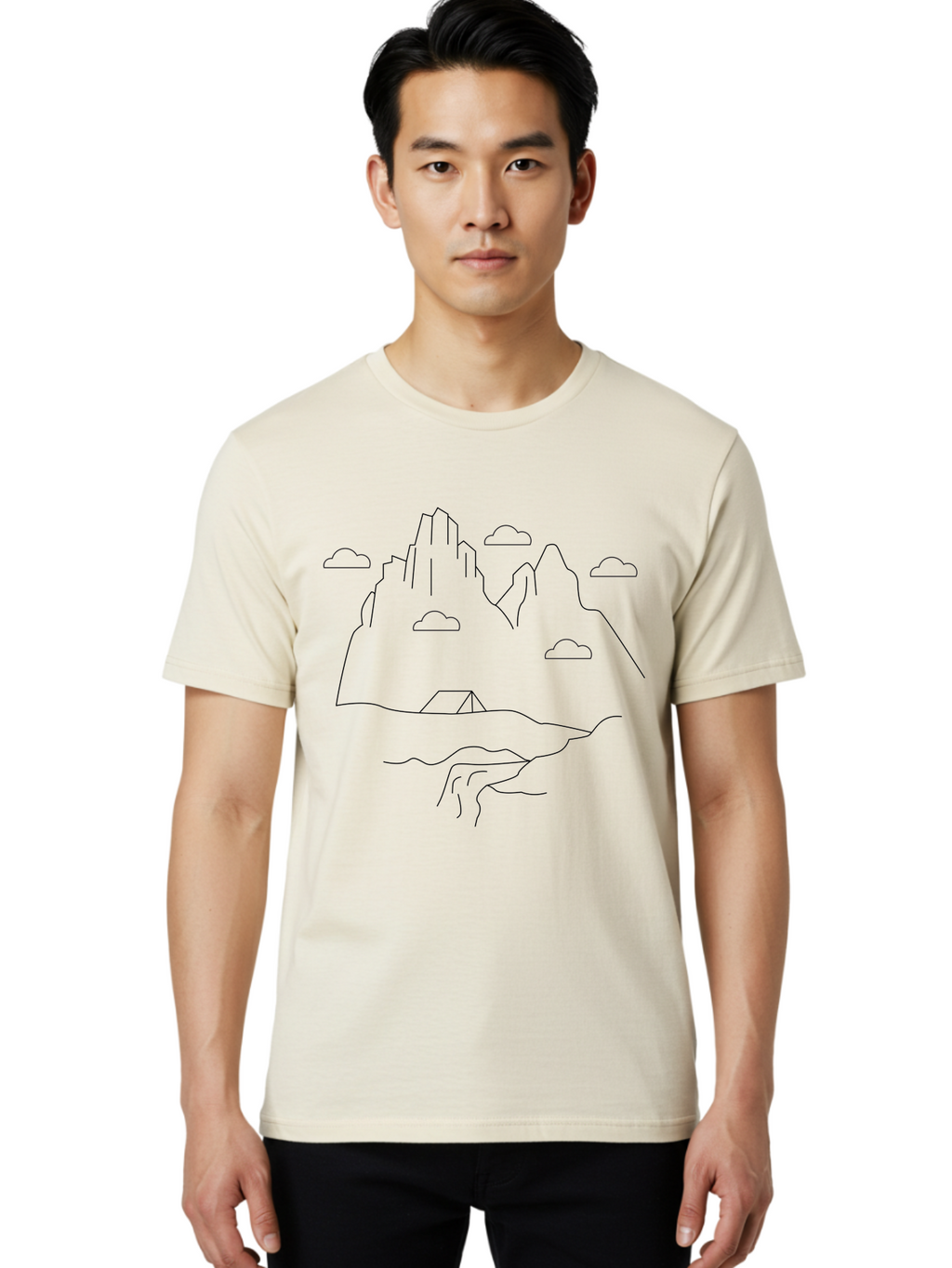 Mountain-Landscape-1 Men'S Graphic Tee, 100% Cotton, Comfortable Casual Summer Wear, Machine Washable, Mountain Peaks, Serene Landscape, Simple Illustration, Minimalist Art, Camping Tent, Outdoor Scenery, Rocky Terrain, Cloudy Sky, -  Aaa196