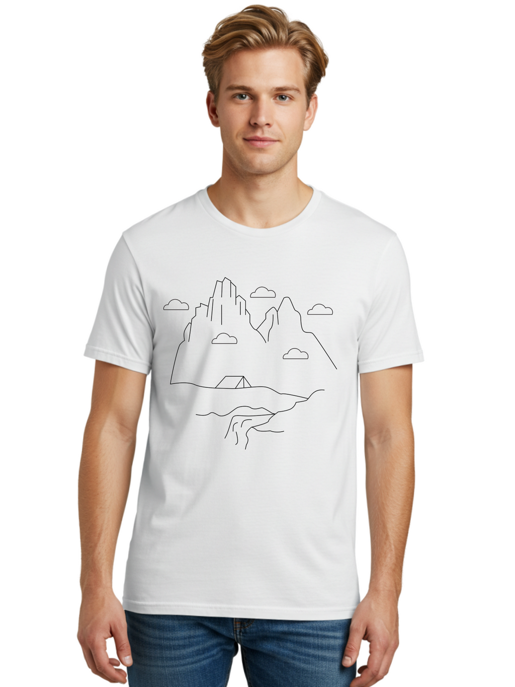 Mountain-Landscape-1 Men'S Graphic Tee, 100% Cotton, Comfortable Casual Summer Wear, Machine Washable, Mountain Peaks, Serene Landscape, Simple Illustration, Minimalist Art, Camping Tent, Outdoor Scenery, Rocky Terrain, Cloudy Sky, -  Aaa196