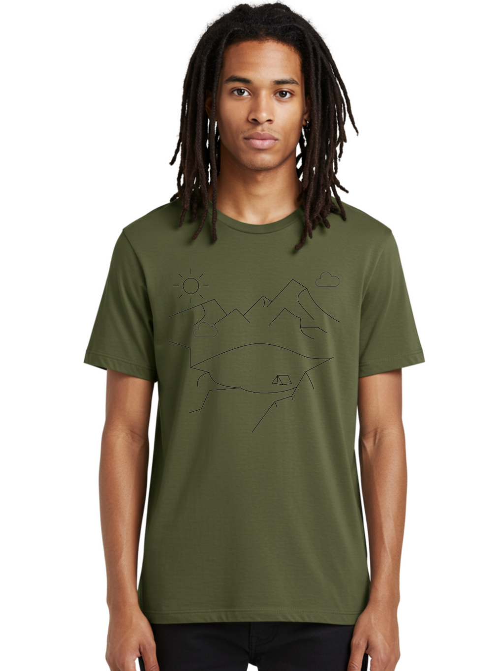 Mountain-Landscape Men'S Graphic Tee, 100% Cotton, Comfortable Casual Summer Wear, Machine Washable, Outdoor Adventure, Nature Escape, Mountains, Tent, Simple Drawing, Serene Landscape, Camping, Scenic View -  Aaa198