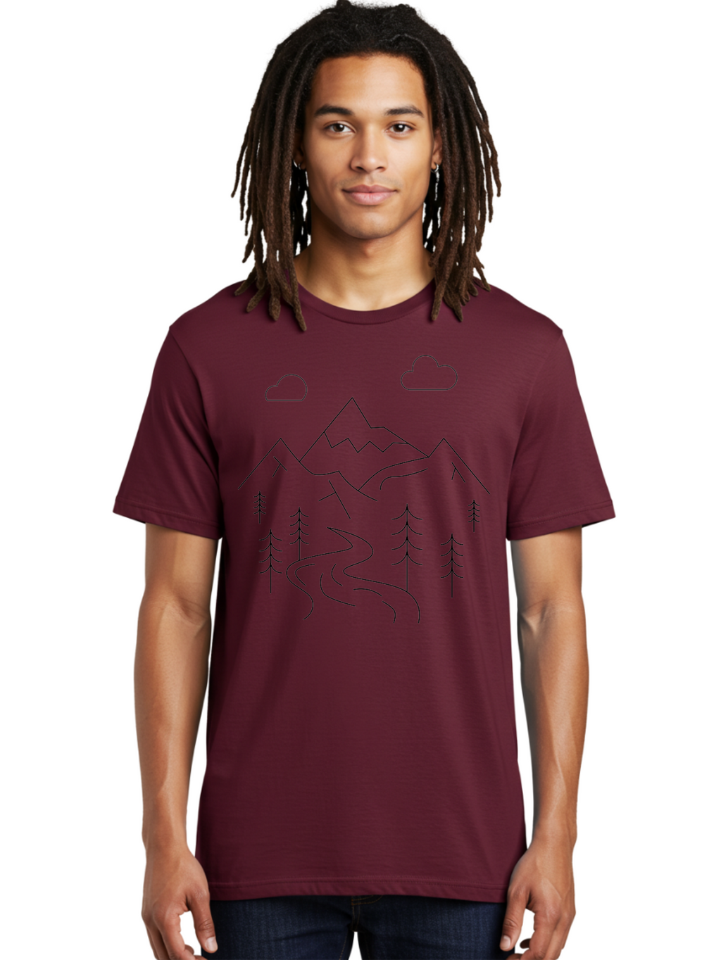 Mountains-And-Trees Men'S Graphic Tee, 100% Cotton, Comfortable Casual Summer Wear, Machine Washable, Mountain Range, Winding River, Pine Trees, Clouds, Serene Landscape, Minimalist Art, Simple Design, Nature Illustration -  Aaa200
