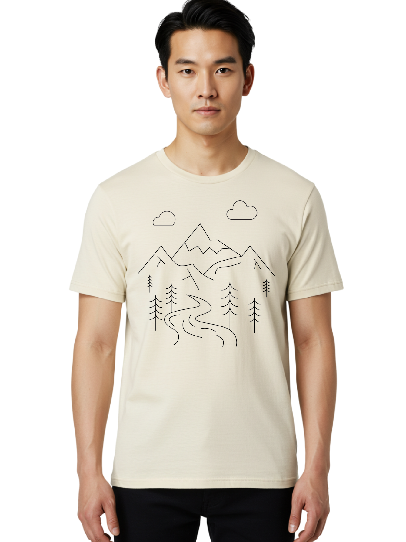 Mountains-And-Trees Men'S Graphic Tee, 100% Cotton, Comfortable Casual Summer Wear, Machine Washable, Mountain Range, Winding River, Pine Trees, Clouds, Serene Landscape, Minimalist Art, Simple Design, Nature Illustration -  Aaa200