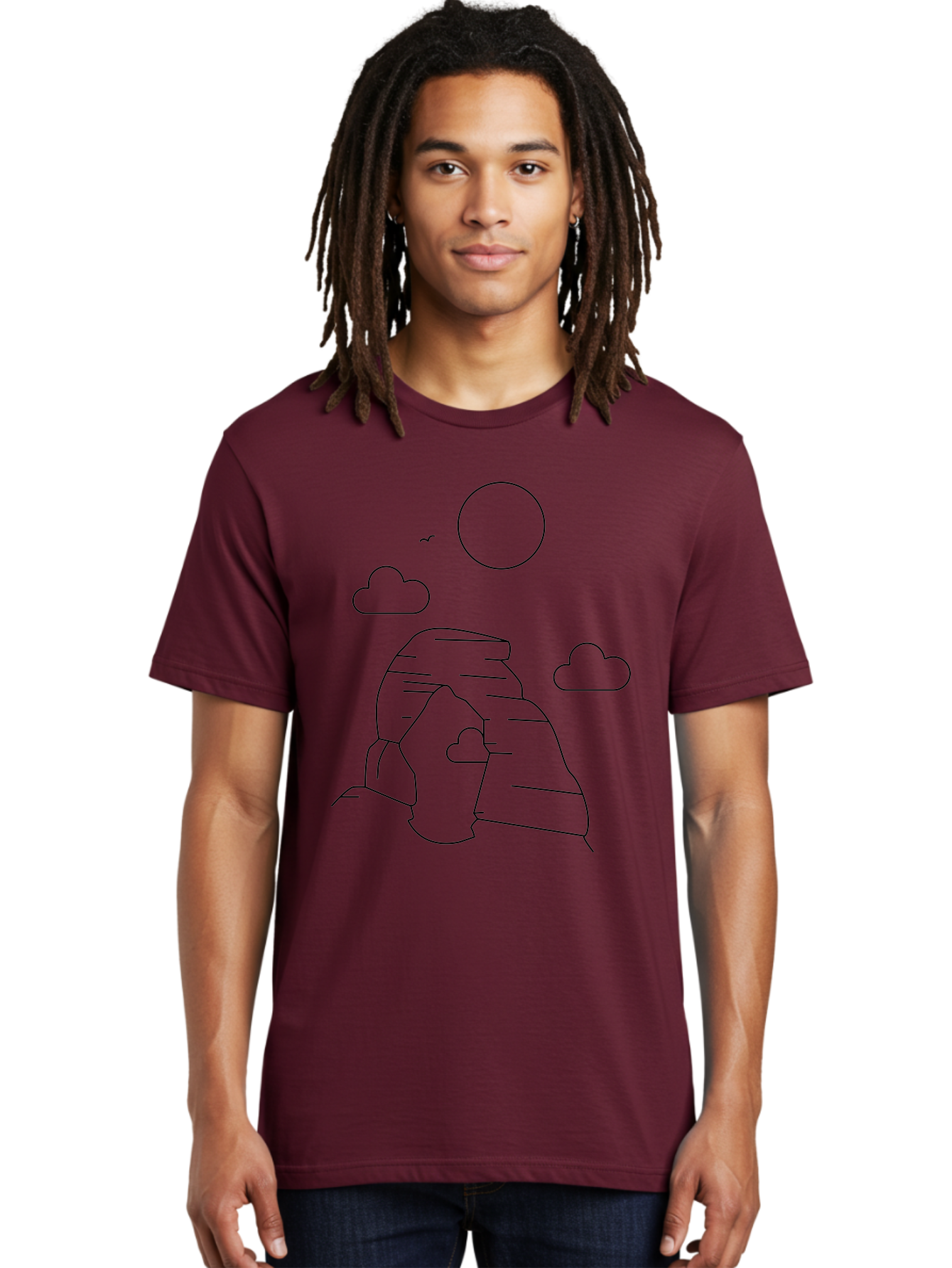Rock-Formation Men'S Graphic Tee, 100% Cotton, Comfortable Casual Summer Wear, Machine Washable, Rocky Landscape, Minimalist Art, Simple Shapes, Whimsical Design, Clouds, Sun, Birds Flying, Serene Atmosphere, Modern Illustration, -  Aaa203