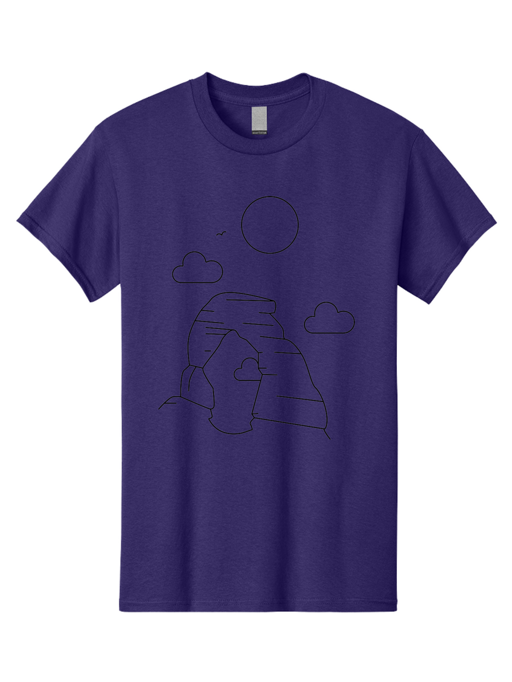 Rock-Formation Men'S Graphic Tee, 100% Cotton, Comfortable Casual Summer Wear, Machine Washable, Rocky Landscape, Minimalist Art, Simple Shapes, Whimsical Design, Clouds, Sun, Birds Flying, Serene Atmosphere, Modern Illustration, -  Aaa203