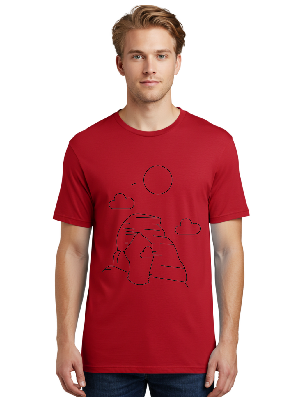 Rock-Formation Men'S Graphic Tee, 100% Cotton, Comfortable Casual Summer Wear, Machine Washable, Rocky Landscape, Minimalist Art, Simple Shapes, Whimsical Design, Clouds, Sun, Birds Flying, Serene Atmosphere, Modern Illustration, -  Aaa203