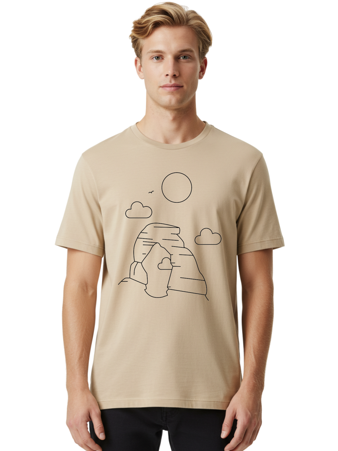 Rock-Formation Men'S Graphic Tee, 100% Cotton, Comfortable Casual Summer Wear, Machine Washable, Rocky Landscape, Minimalist Art, Simple Shapes, Whimsical Design, Clouds, Sun, Birds Flying, Serene Atmosphere, Modern Illustration, -  Aaa203