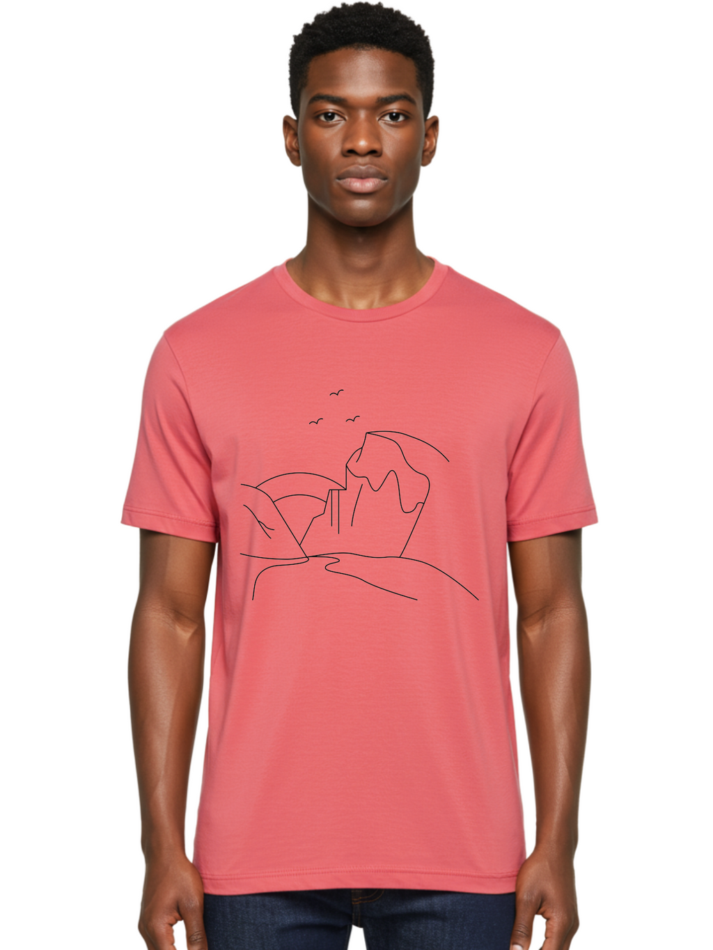 Simple-Cliff Men'S Graphic Tee, 100% Cotton, Comfortable Casual Summer Wear, Machine Washable, Cliffside Landscape, Minimalist Design, Birds In Flight, Scenic View, Natural Scenery, Simple Lines, Modern Art, Serene Atmosphere -  Aaa204