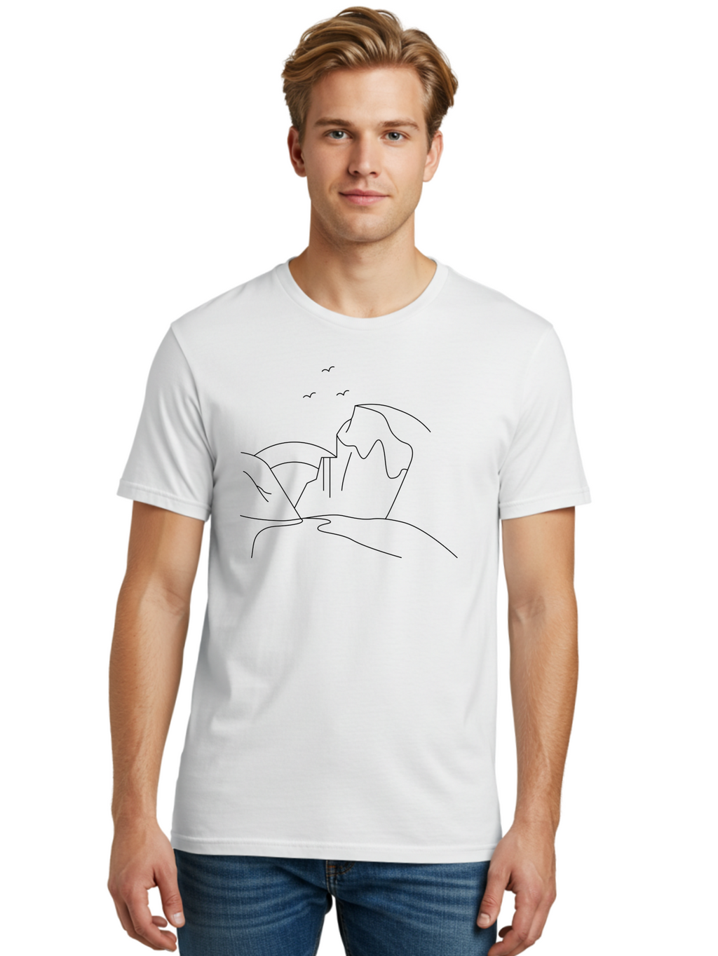 Simple-Cliff Men'S Graphic Tee, 100% Cotton, Comfortable Casual Summer Wear, Machine Washable, Cliffside Landscape, Minimalist Design, Birds In Flight, Scenic View, Natural Scenery, Simple Lines, Modern Art, Serene Atmosphere -  Aaa204