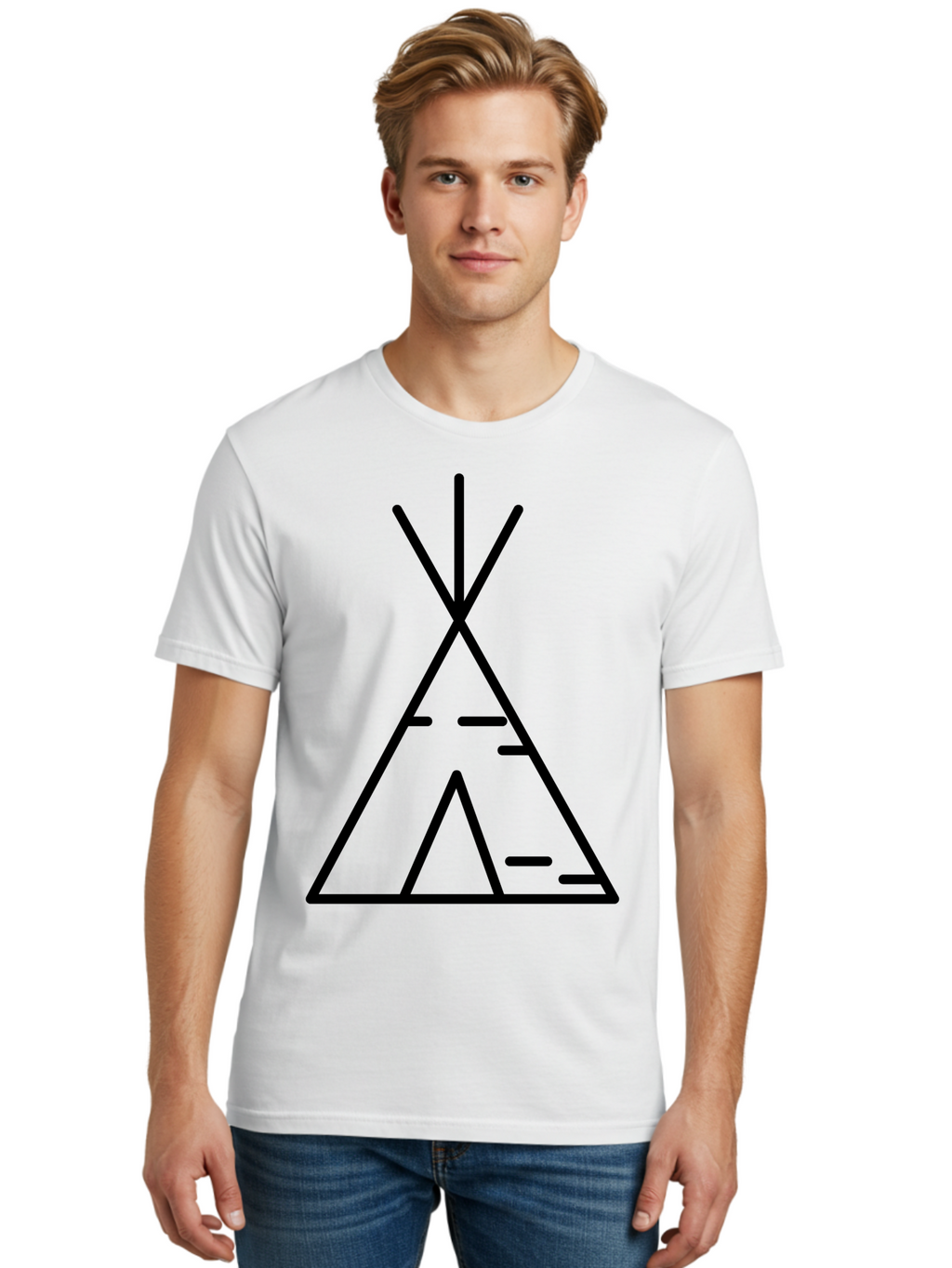 Tent-2 Men'S Graphic Tee, 100% Cotton, Comfortable Casual Summer Wear, Machine Washable, Teepee Icon, Camping Symbol, Minimalist Design, Tribal Inspiration, Simple Lines, Geometric Shape, Outdoor Adventure, Black Outline -  Aaa212
