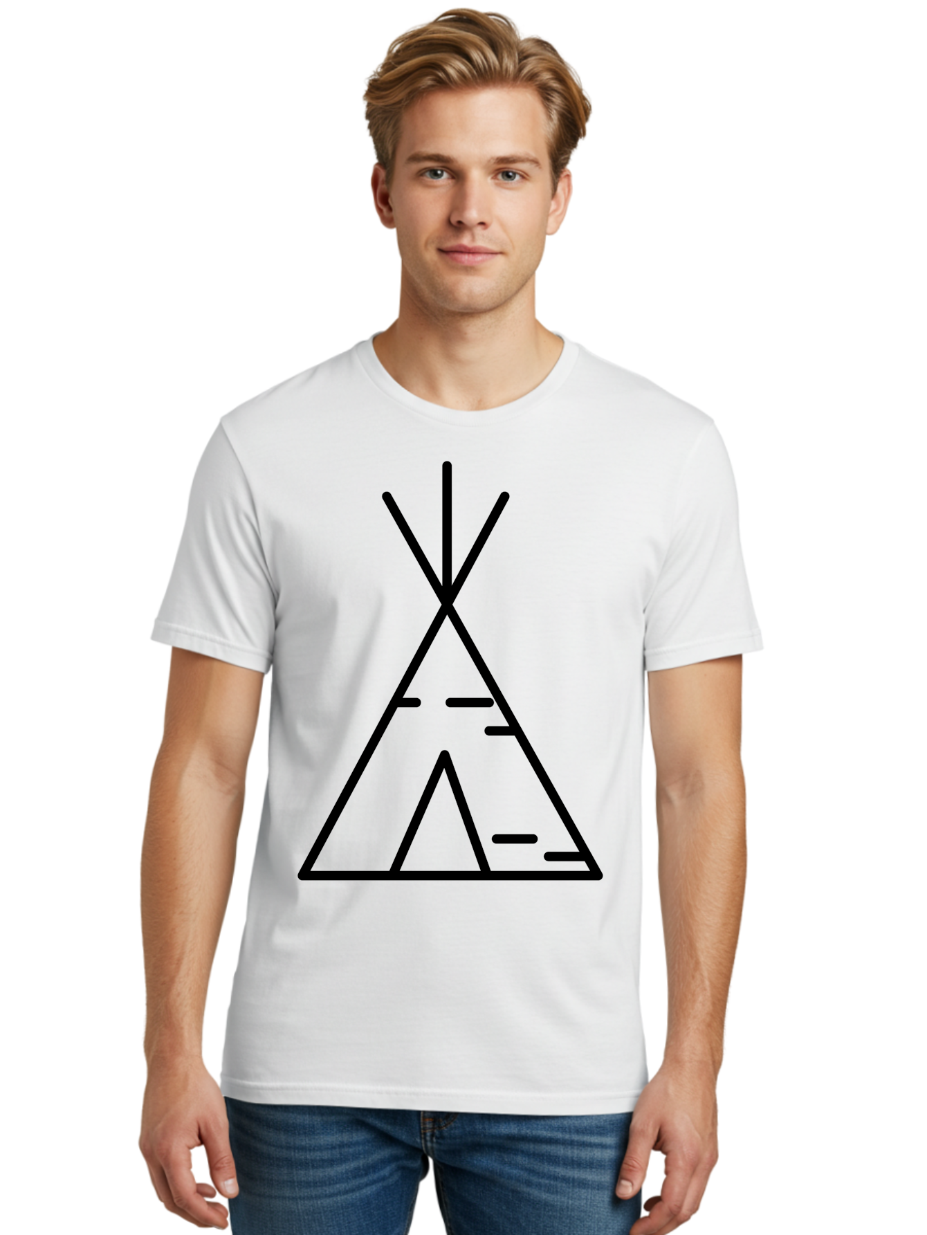 Tent-2 Men'S Graphic Tee, 100% Cotton, Comfortable Casual Summer Wear, Machine Washable, Teepee Icon, Camping Symbol, Minimalist Design, Tribal Inspiration, Simple Lines, Geometric Shape, Outdoor Adventure, Black Outline -  Aaa212