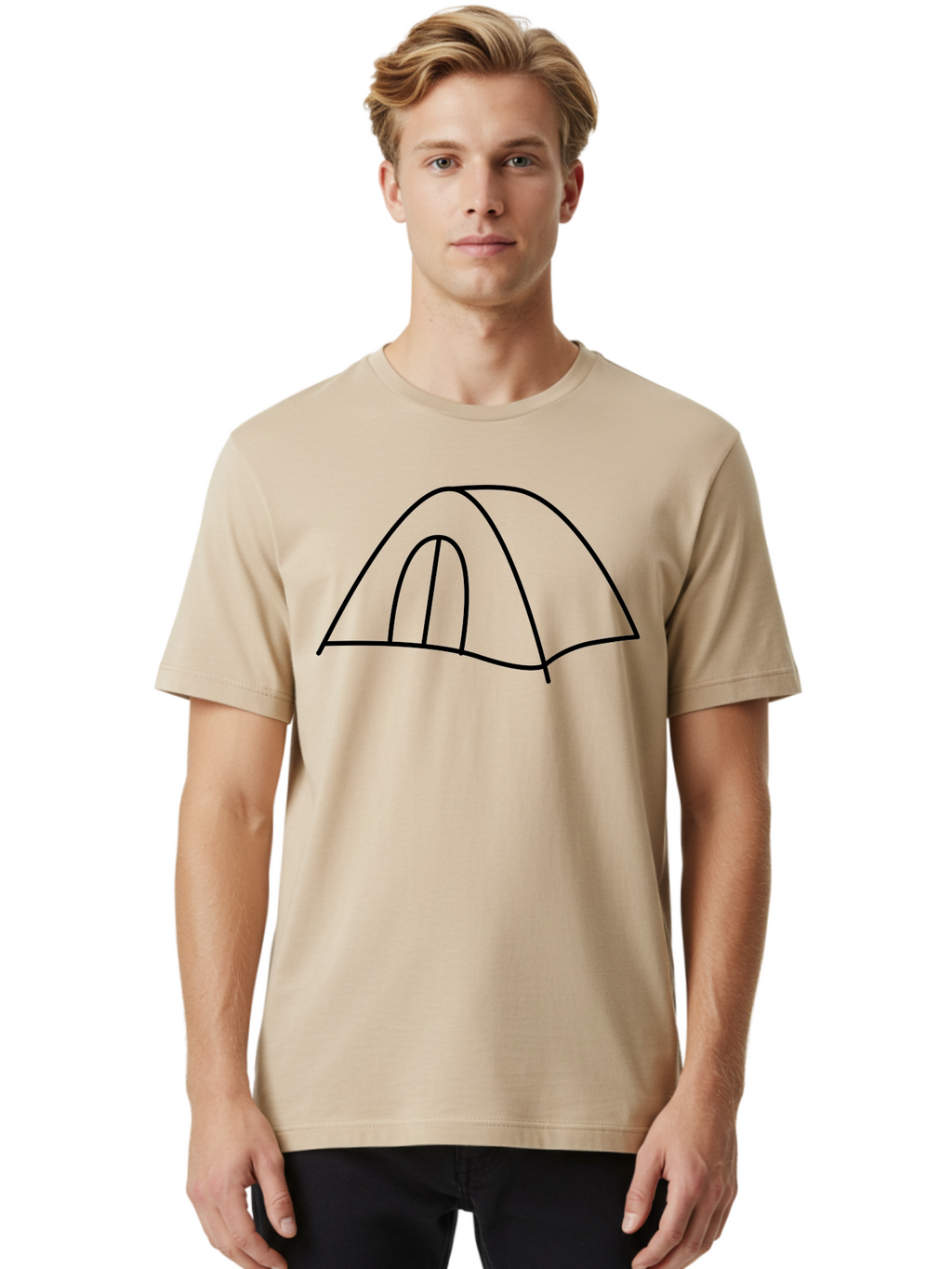 Tent-3 Men'S Graphic Tee, 100% Cotton, Comfortable Casual Summer Wear, Machine Washable, Simple Tent, Camping, Outdoor Adventure, Minimalist Design, Simple Lines, Black Outline, Shelter, Wilderness, Travel, Outdoor Recreation, -  Aaa213