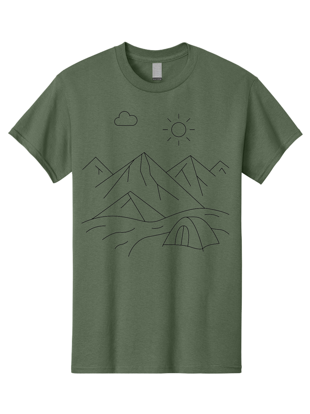 Tent-And-Mountain Men'S Graphic Tee, 100% Cotton, Comfortable Casual Summer Wear, Machine Washable, Mountain Landscape, Simple Line Art, Serene Atmosphere, Tent, Sun, Cloud, Minimalist Design, Outdoor Scenery, Natural Beauty, Camping -  Aaa215