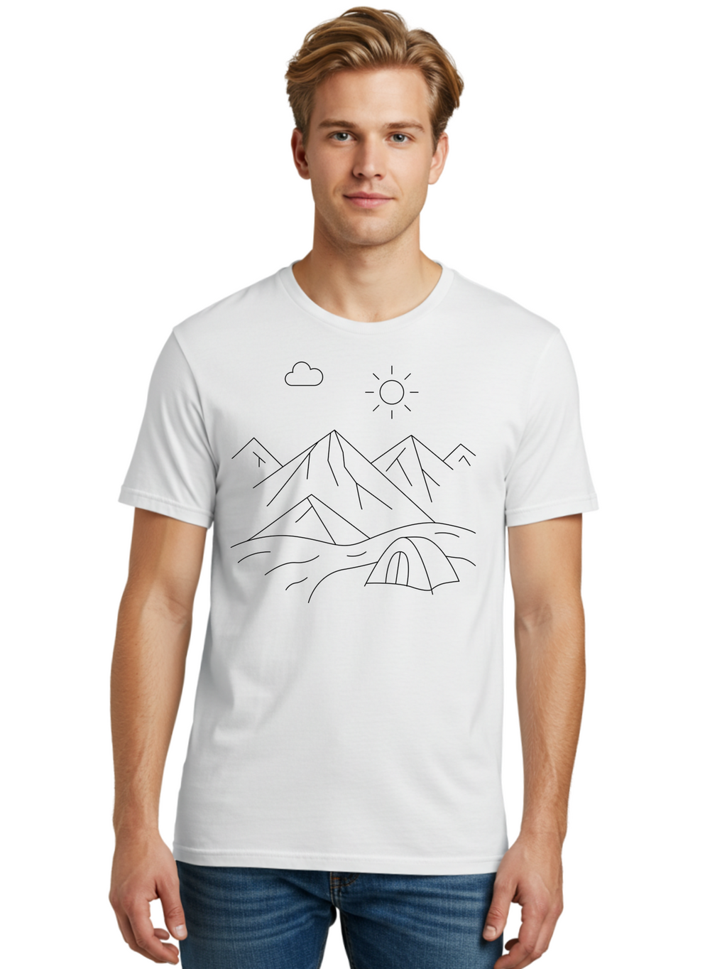 Tent-And-Mountain Men'S Graphic Tee, 100% Cotton, Comfortable Casual Summer Wear, Machine Washable, Mountain Landscape, Simple Line Art, Serene Atmosphere, Tent, Sun, Cloud, Minimalist Design, Outdoor Scenery, Natural Beauty, Camping -  Aaa215