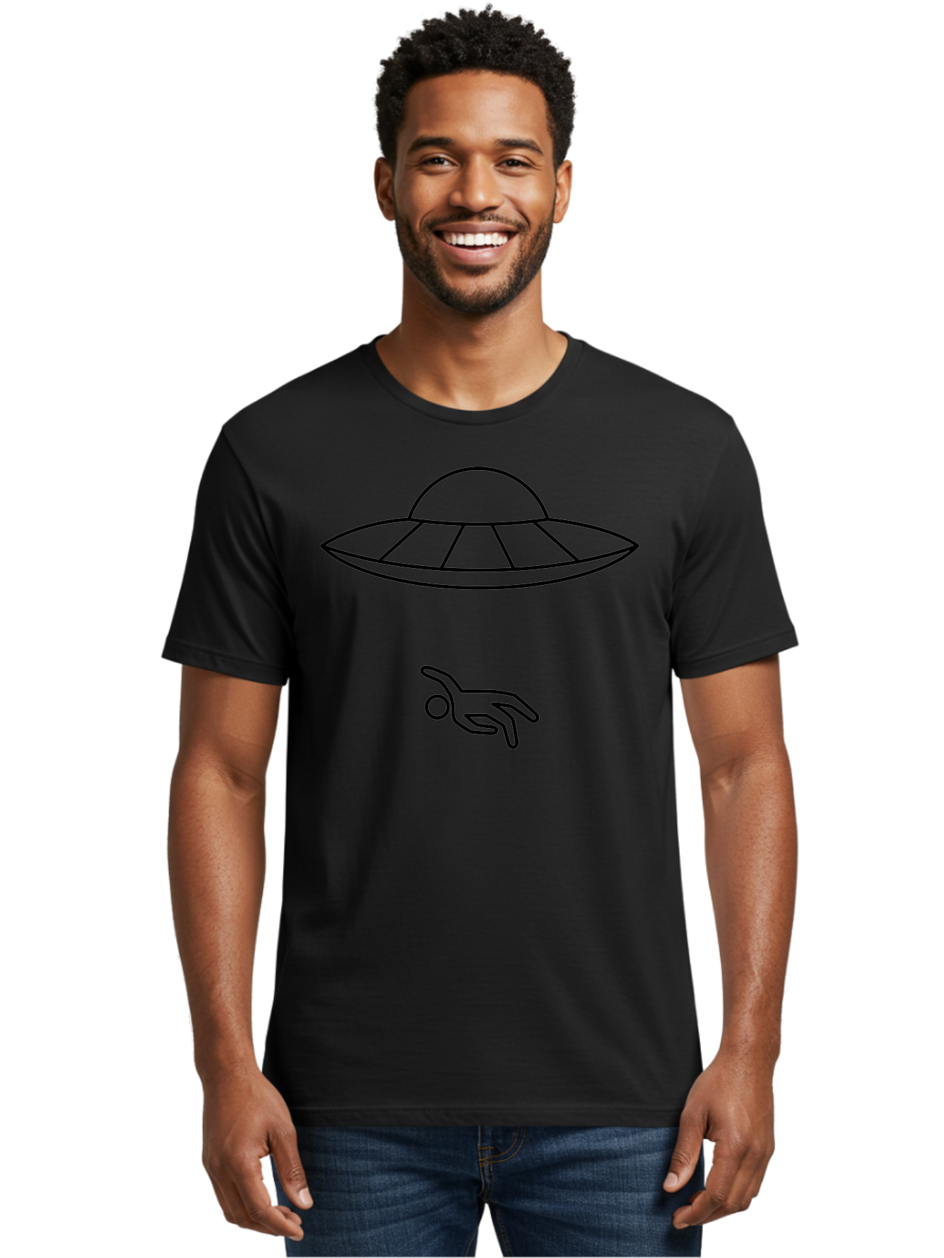 Ufo Men'S Graphic Tee, 100% Cotton, Comfortable Casual Summer Wear, Machine Washable, Ufo Sighting, Alien Encounter, Mysterious Hand, Black Outline, Simple Design, Pop Art Style, Modern Graphic, Minimalist Illustration, Outer Space, -  Aaa227