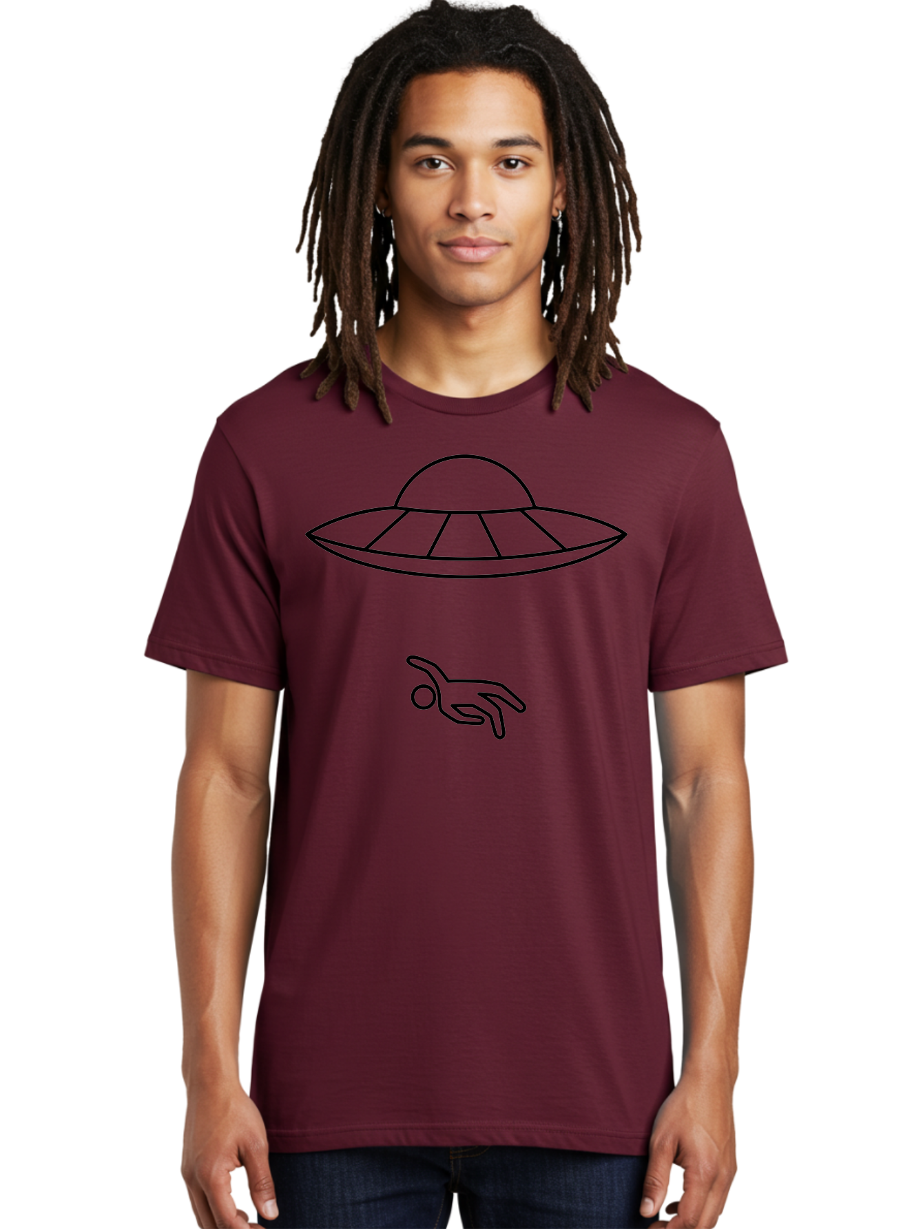Ufo Men'S Graphic Tee, 100% Cotton, Comfortable Casual Summer Wear, Machine Washable, Ufo Sighting, Alien Encounter, Mysterious Hand, Black Outline, Simple Design, Pop Art Style, Modern Graphic, Minimalist Illustration, Outer Space, -  Aaa227