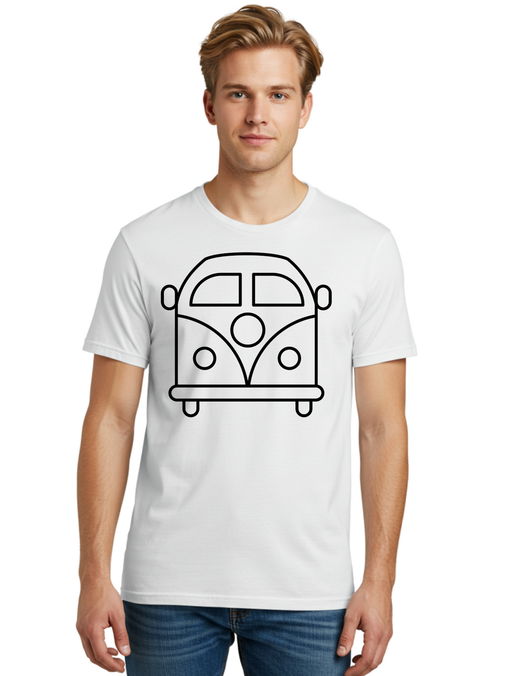 Vw-Van Men'S Graphic Tee, 100% Cotton, Comfortable Casual Summer Wear, Machine Washable, Volkswagen Bus, Retro Vehicle, Classic Car, Hippie Culture, Road Trip, Vintage Transportation, Minimalist Design, Simple Illustration -  Aaa229