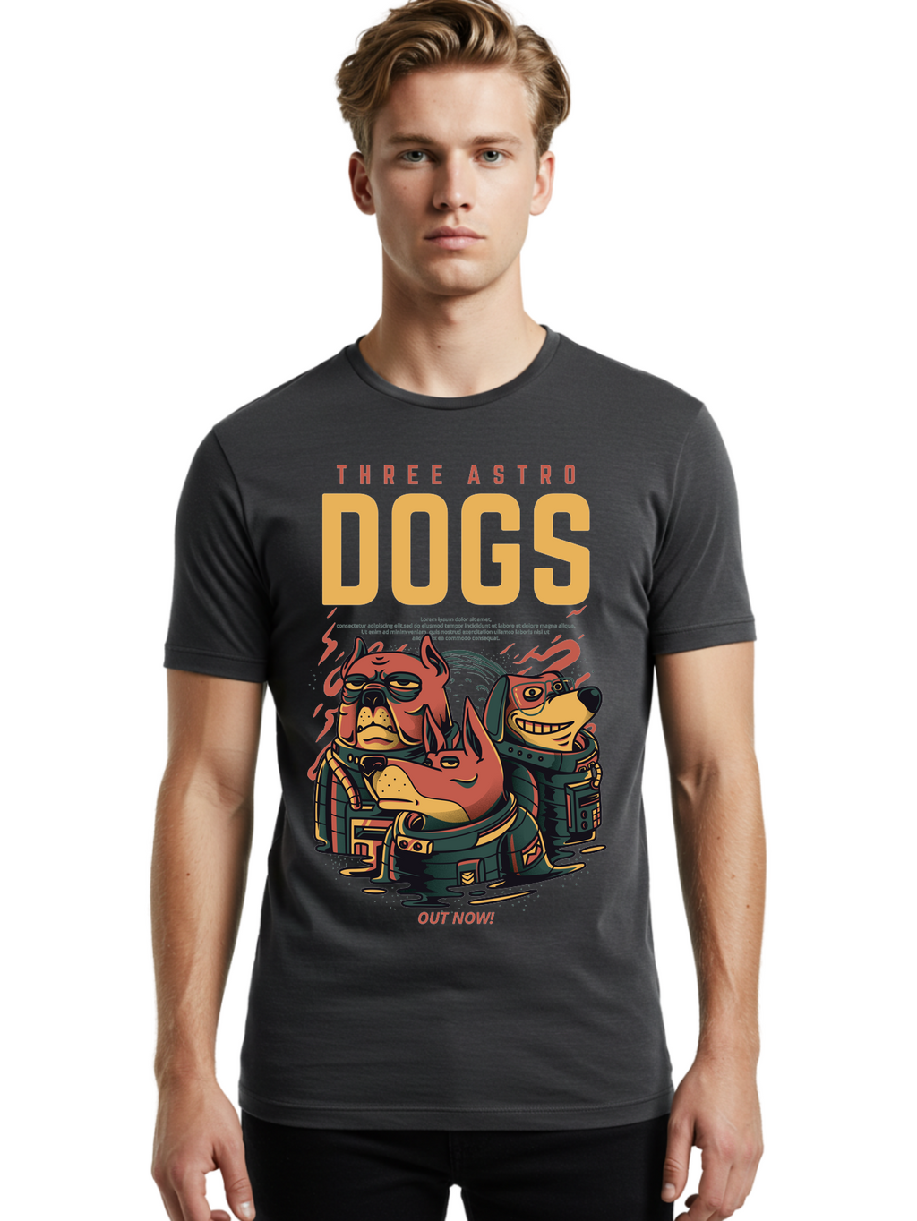 Three-Astronaut-Dogs Men'S Graphic Tee, 100% Cotton, Comfortable Casual Summer Wear, Machine Washable, Astronaut Dogs, Cartoon Characters, Space Adventure, Futuristic Artwork, Robotic Suits, Dog Illustrations, Retro-Futuristic Style, -  Aaa231