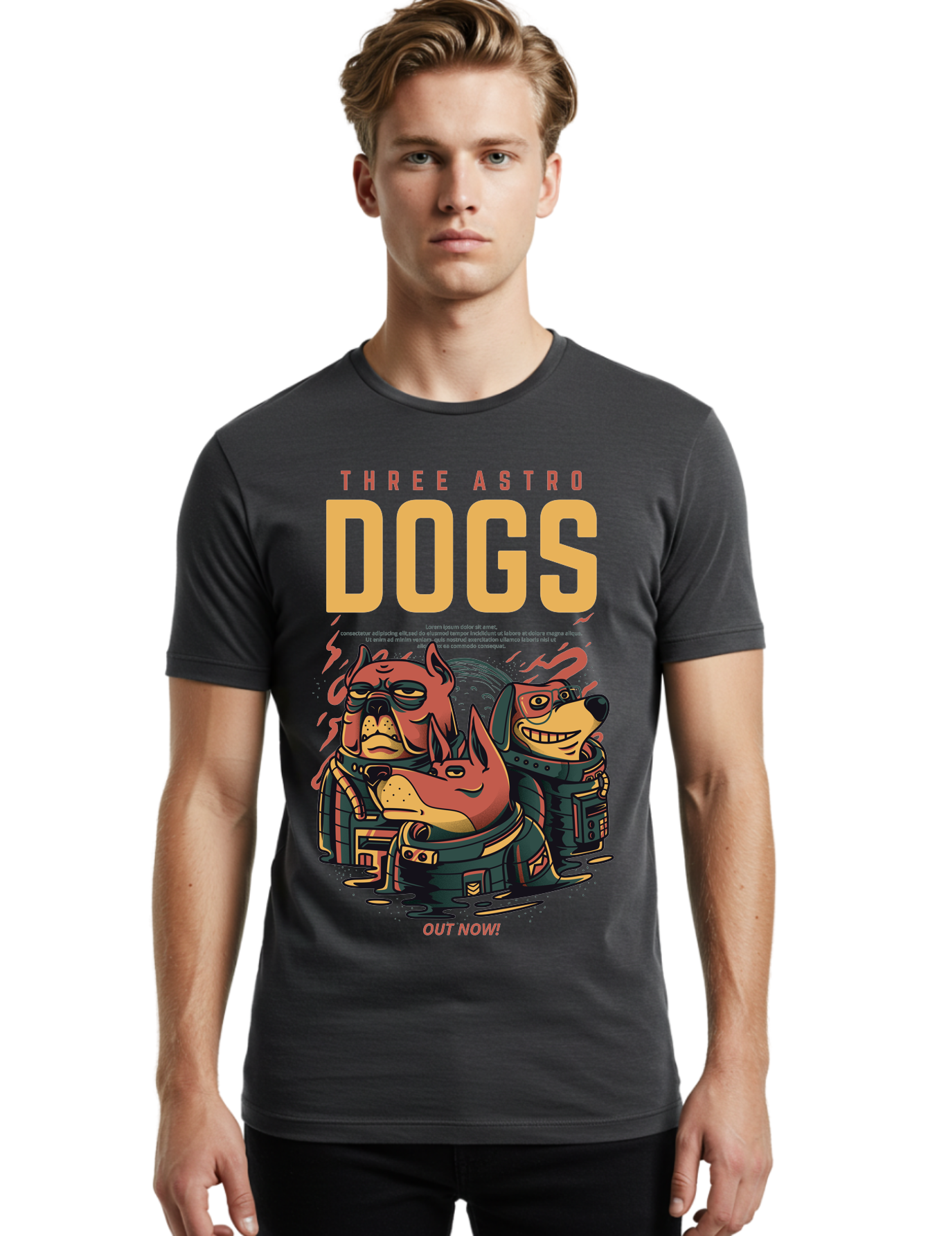 Three-Astronaut-Dogs Men'S Graphic Tee, 100% Cotton, Comfortable Casual Summer Wear, Machine Washable, Astronaut Dogs, Cartoon Characters, Space Adventure, Futuristic Artwork, Robotic Suits, Dog Illustrations, Retro-Futuristic Style, -  Aaa231