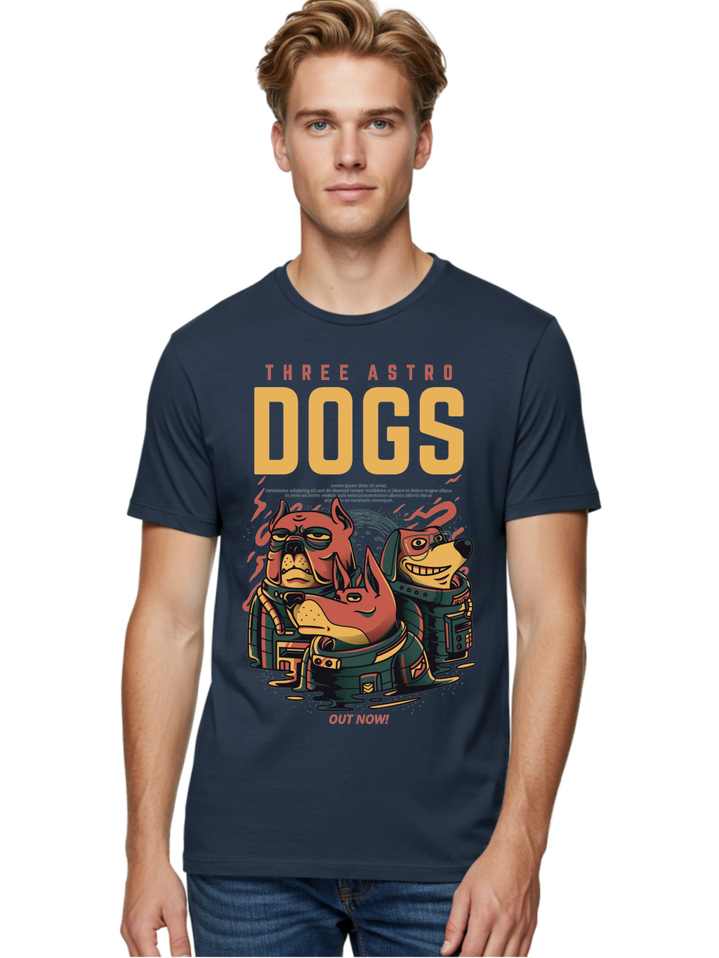 Three-Astronaut-Dogs Men'S Graphic Tee, 100% Cotton, Comfortable Casual Summer Wear, Machine Washable, Astronaut Dogs, Cartoon Characters, Space Adventure, Futuristic Artwork, Robotic Suits, Dog Illustrations, Retro-Futuristic Style, -  Aaa231