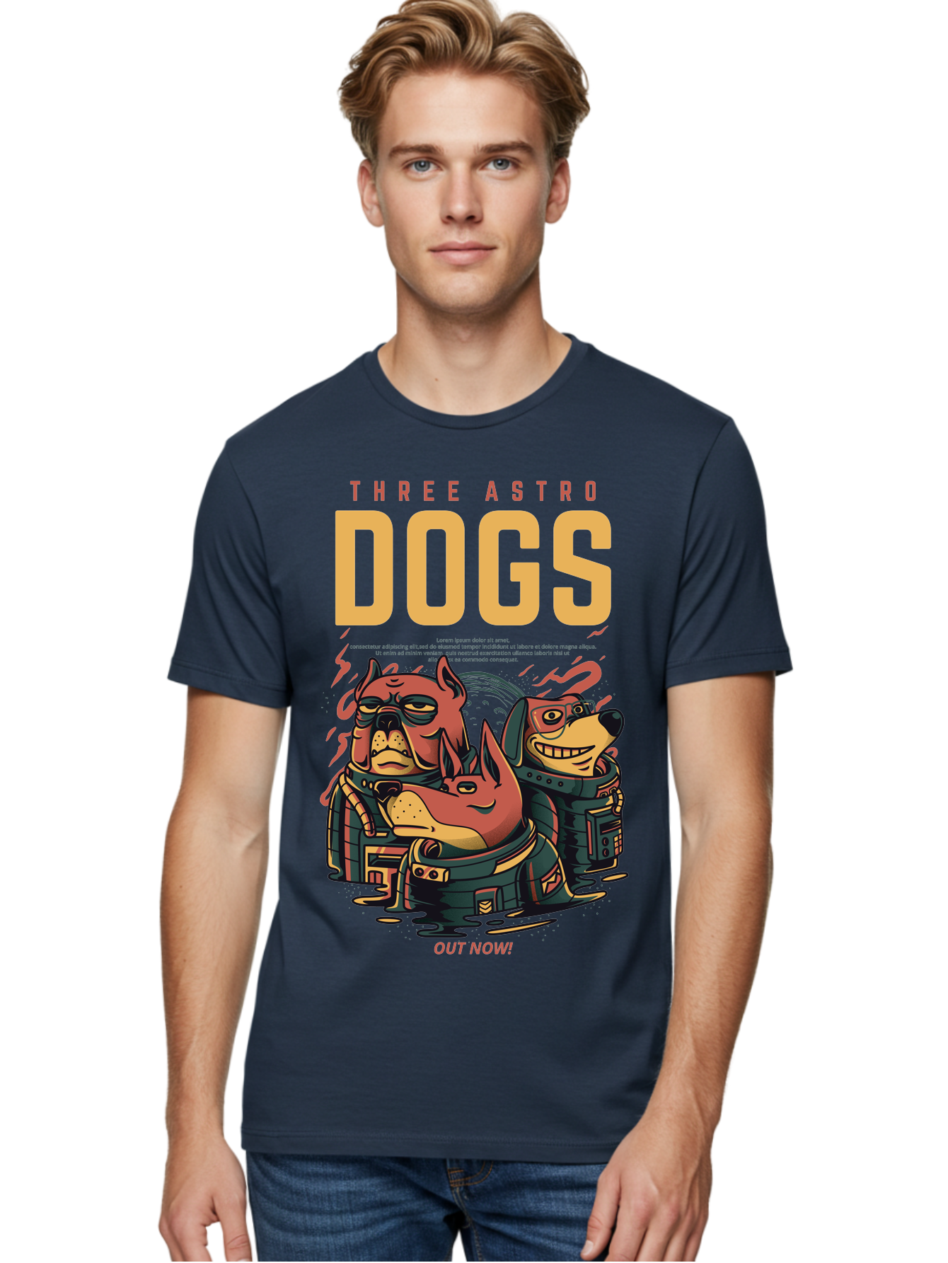 Three-Astronaut-Dogs Men'S Graphic Tee, 100% Cotton, Comfortable Casual Summer Wear, Machine Washable, Astronaut Dogs, Cartoon Characters, Space Adventure, Futuristic Artwork, Robotic Suits, Dog Illustrations, Retro-Futuristic Style, -  Aaa231