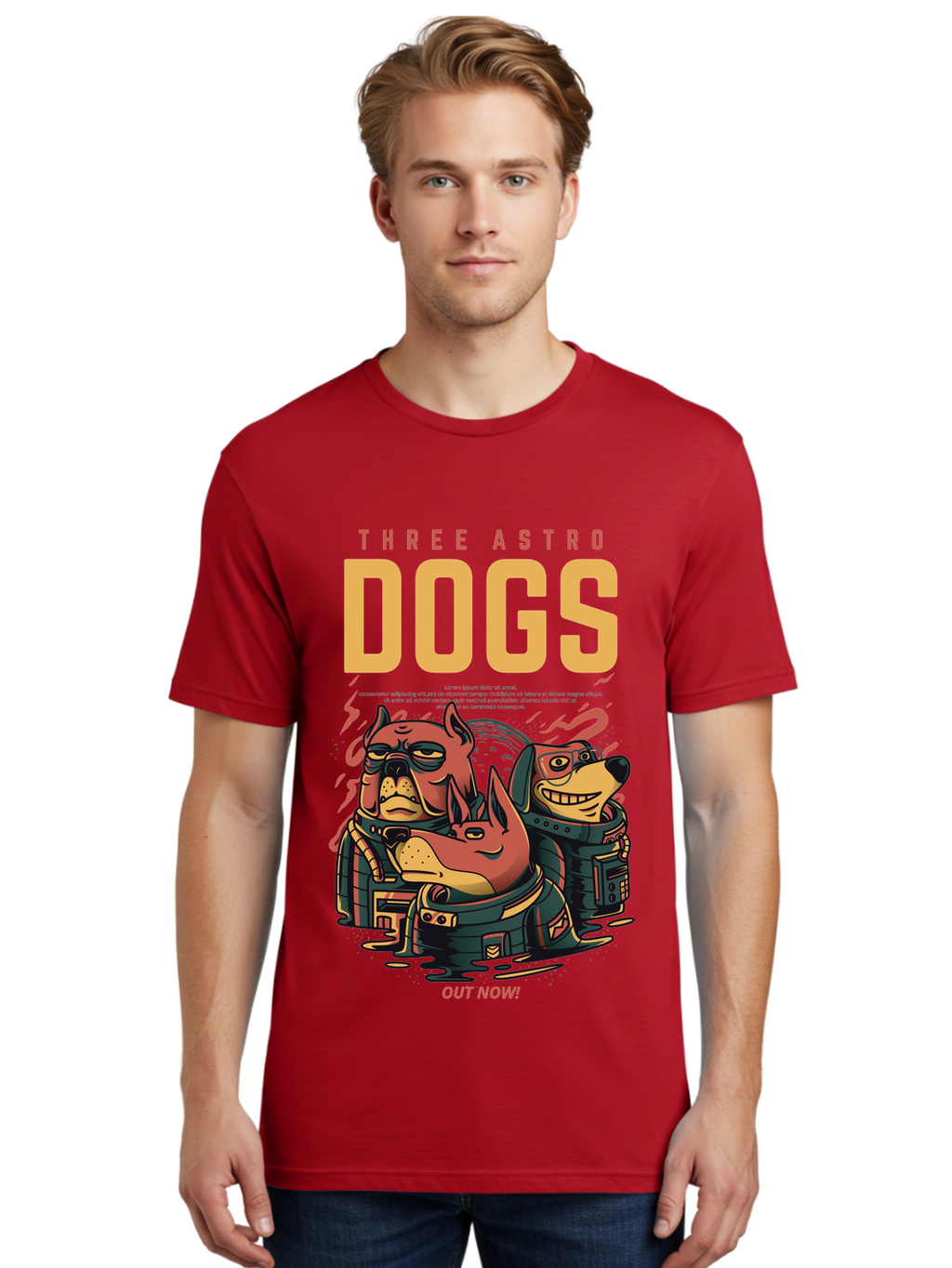 Three-Astronaut-Dogs Men'S Graphic Tee, 100% Cotton, Comfortable Casual Summer Wear, Machine Washable, Astronaut Dogs, Cartoon Characters, Space Adventure, Futuristic Artwork, Robotic Suits, Dog Illustrations, Retro-Futuristic Style, -  Aaa231