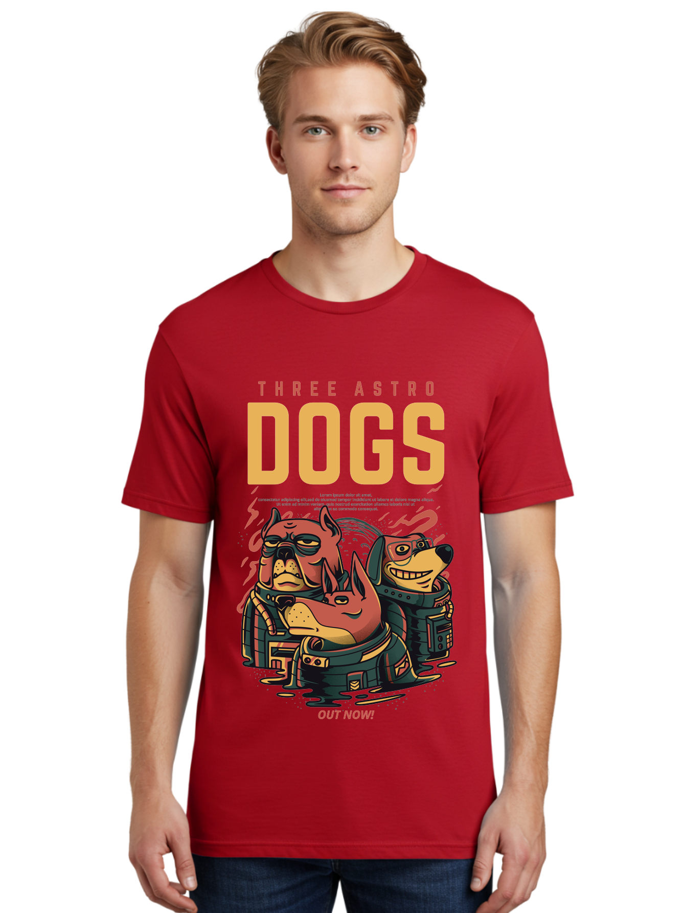 Three-Astronaut-Dogs Men'S Graphic Tee, 100% Cotton, Comfortable Casual Summer Wear, Machine Washable, Astronaut Dogs, Cartoon Characters, Space Adventure, Futuristic Artwork, Robotic Suits, Dog Illustrations, Retro-Futuristic Style, -  Aaa231