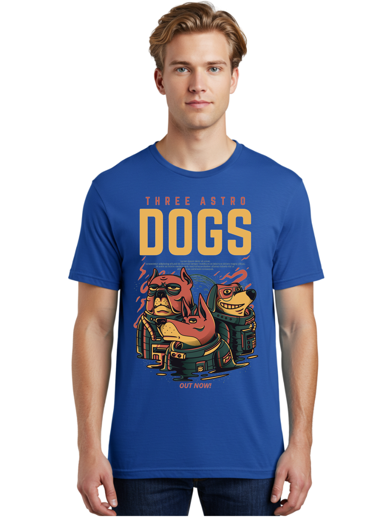 Three-Astronaut-Dogs Men'S Graphic Tee, 100% Cotton, Comfortable Casual Summer Wear, Machine Washable, Astronaut Dogs, Cartoon Characters, Space Adventure, Futuristic Artwork, Robotic Suits, Dog Illustrations, Retro-Futuristic Style, -  Aaa231