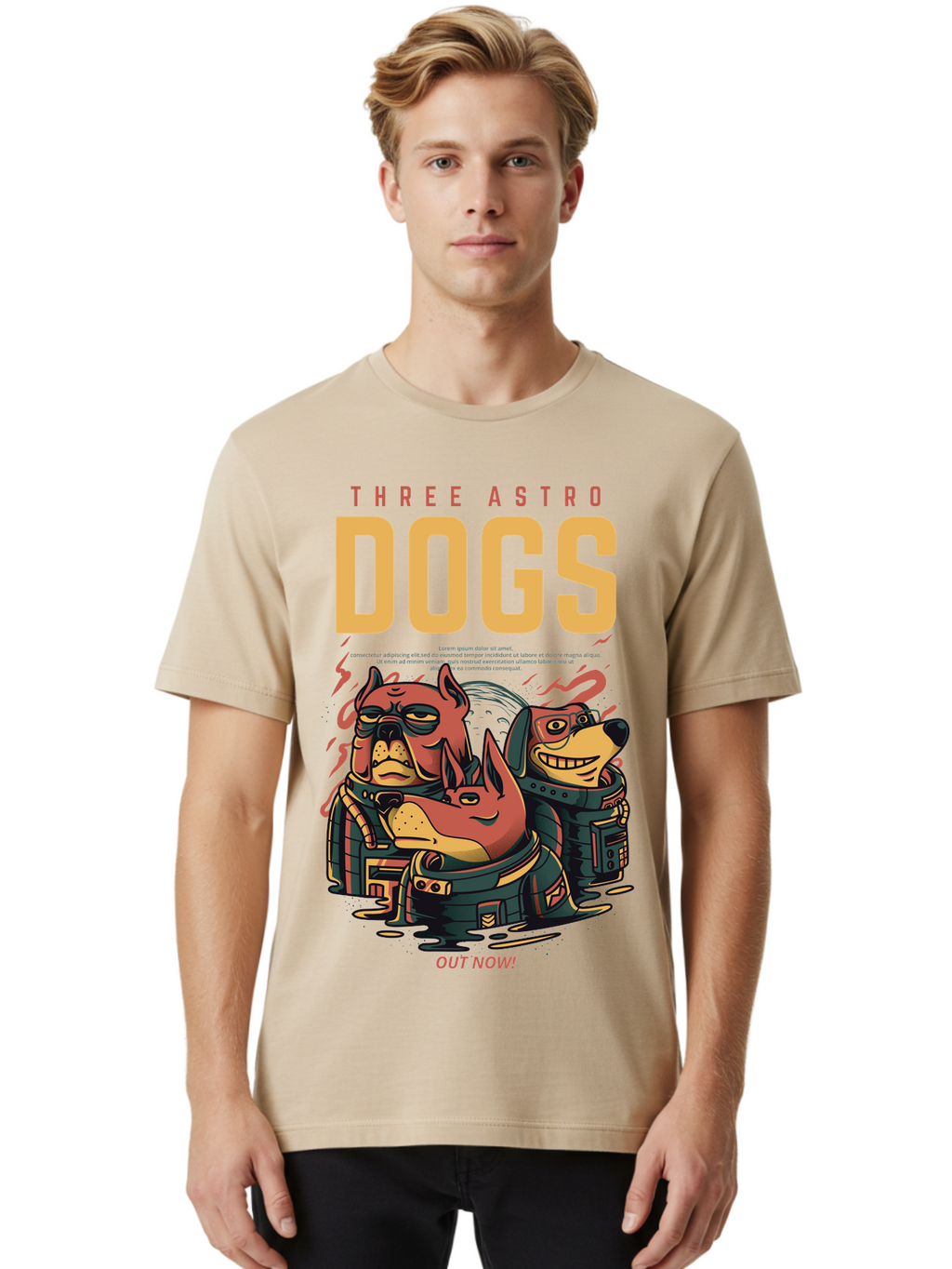 Three-Astronaut-Dogs Men'S Graphic Tee, 100% Cotton, Comfortable Casual Summer Wear, Machine Washable, Astronaut Dogs, Cartoon Characters, Space Adventure, Futuristic Artwork, Robotic Suits, Dog Illustrations, Retro-Futuristic Style, -  Aaa231