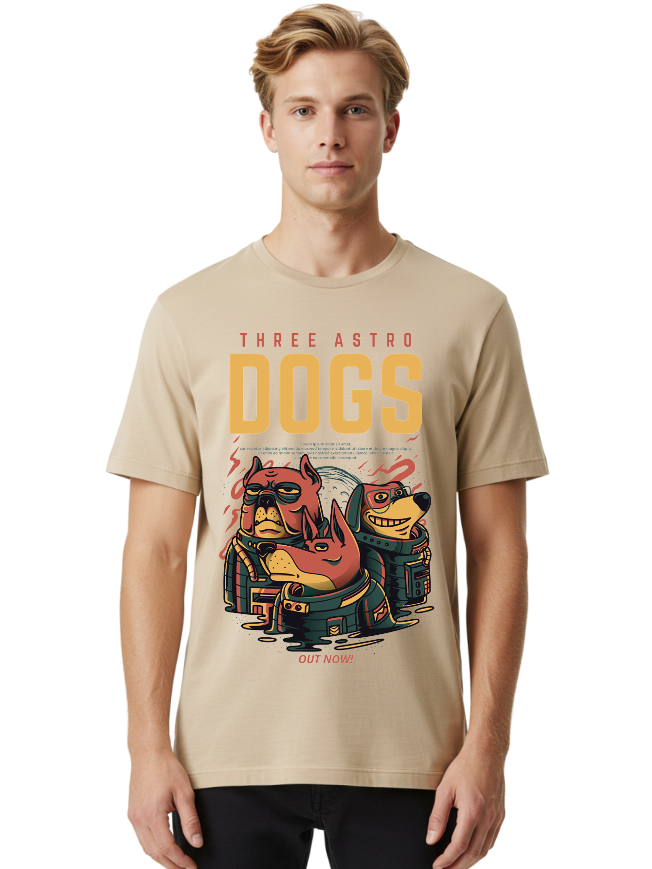 Three-Astronaut-Dogs Men'S Graphic Tee, 100% Cotton, Comfortable Casual Summer Wear, Machine Washable, Astronaut Dogs, Cartoon Characters, Space Adventure, Futuristic Artwork, Robotic Suits, Dog Illustrations, Retro-Futuristic Style, -  Aaa231