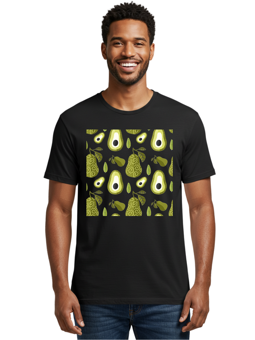 Avocado-Pattern Men'S Graphic Tee, 100% Cotton, Comfortable Casual Summer Wear, Machine Washable, Avocado Pattern, Half Avocados, Whole Avocados, Leaves, Swirls, Food Illustration, Healthy Eating, Organic Produce, Kitchen Decor, -  Aaa232