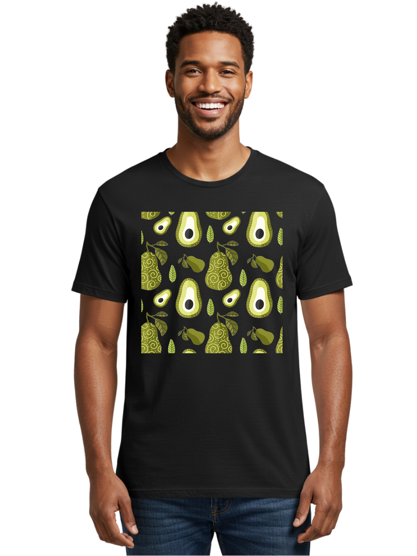 Avocado-Pattern Men'S Graphic Tee, 100% Cotton, Comfortable Casual Summer Wear, Machine Washable, Avocado Pattern, Half Avocados, Whole Avocados, Leaves, Swirls, Food Illustration, Healthy Eating, Organic Produce, Kitchen Decor, -  Aaa232