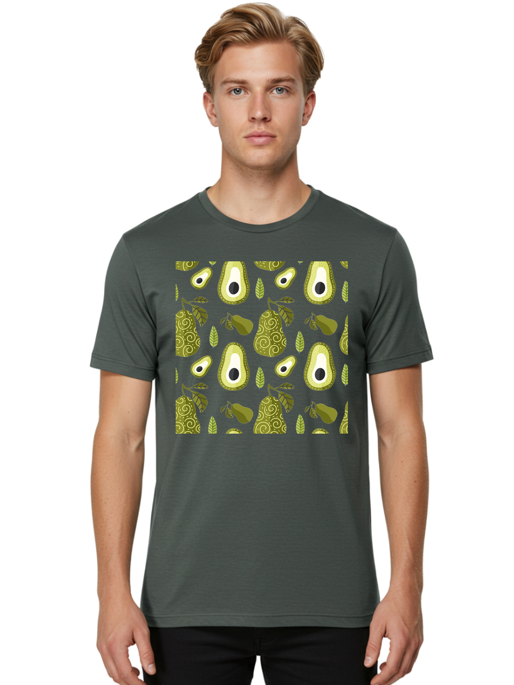 Avocado-Pattern Men'S Graphic Tee, 100% Cotton, Comfortable Casual Summer Wear, Machine Washable, Avocado Pattern, Half Avocados, Whole Avocados, Leaves, Swirls, Food Illustration, Healthy Eating, Organic Produce, Kitchen Decor, -  Aaa232