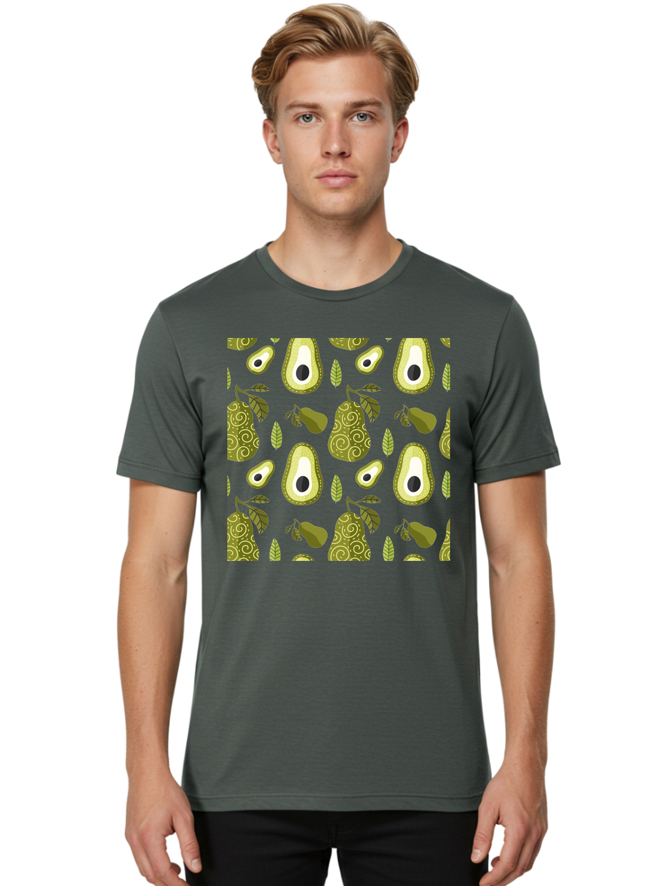 Avocado-Pattern Men'S Graphic Tee, 100% Cotton, Comfortable Casual Summer Wear, Machine Washable, Avocado Pattern, Half Avocados, Whole Avocados, Leaves, Swirls, Food Illustration, Healthy Eating, Organic Produce, Kitchen Decor, -  Aaa232