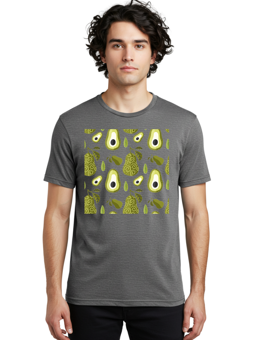 Avocado-Pattern Men'S Graphic Tee, 100% Cotton, Comfortable Casual Summer Wear, Machine Washable, Avocado Pattern, Half Avocados, Whole Avocados, Leaves, Swirls, Food Illustration, Healthy Eating, Organic Produce, Kitchen Decor, -  Aaa232