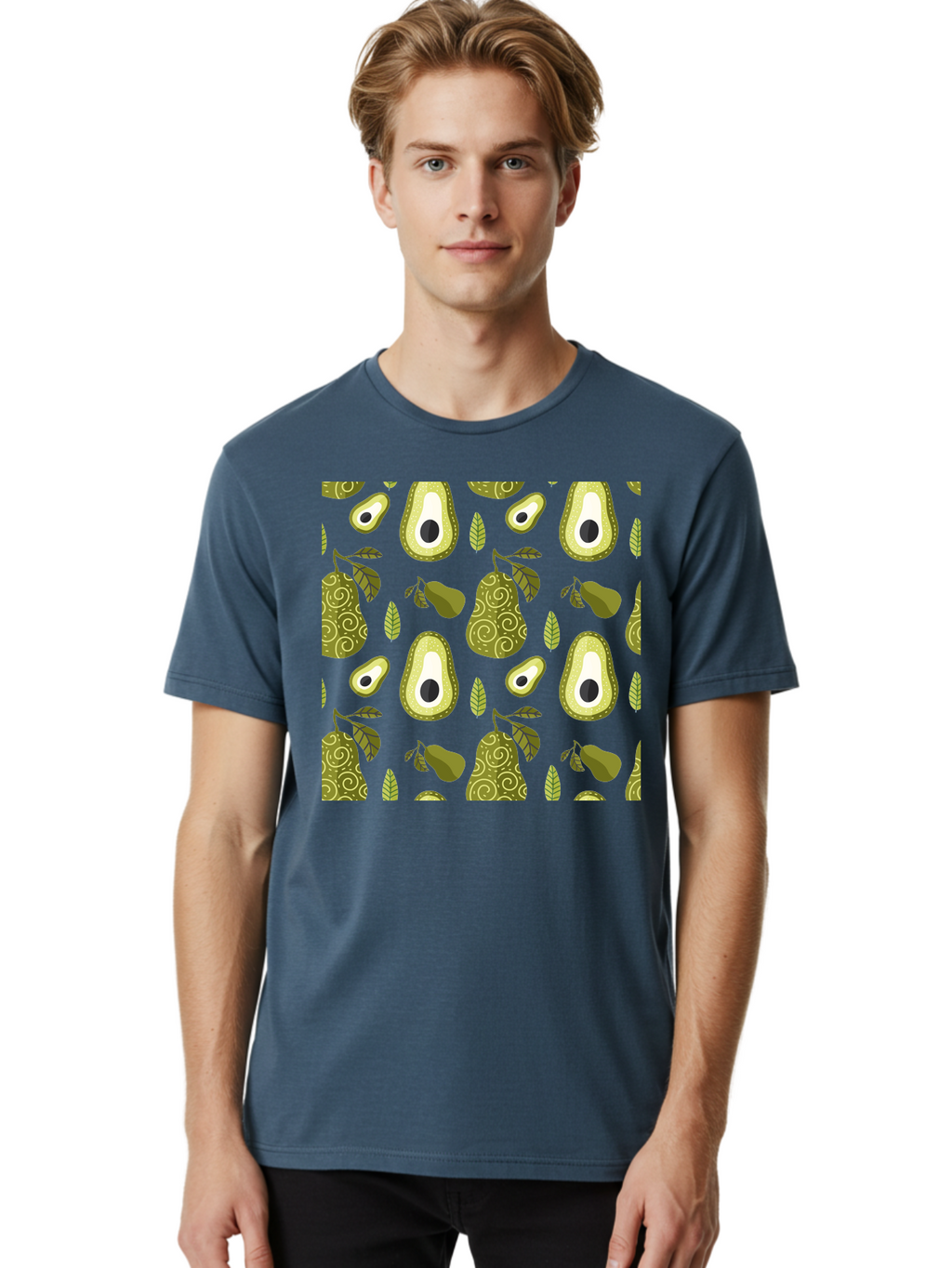 Avocado-Pattern Men'S Graphic Tee, 100% Cotton, Comfortable Casual Summer Wear, Machine Washable, Avocado Pattern, Half Avocados, Whole Avocados, Leaves, Swirls, Food Illustration, Healthy Eating, Organic Produce, Kitchen Decor, -  Aaa232