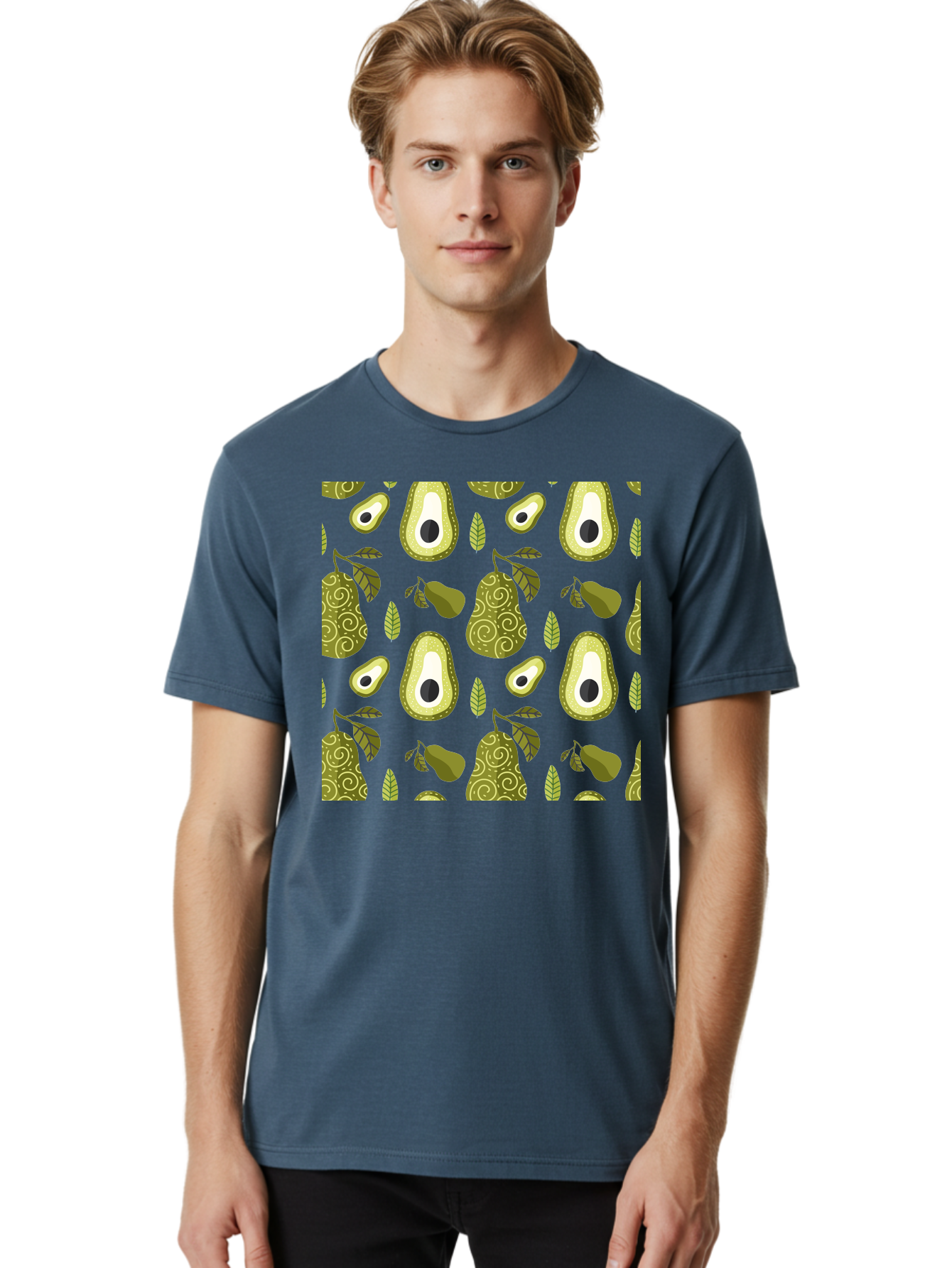 Avocado-Pattern Men'S Graphic Tee, 100% Cotton, Comfortable Casual Summer Wear, Machine Washable, Avocado Pattern, Half Avocados, Whole Avocados, Leaves, Swirls, Food Illustration, Healthy Eating, Organic Produce, Kitchen Decor, -  Aaa232