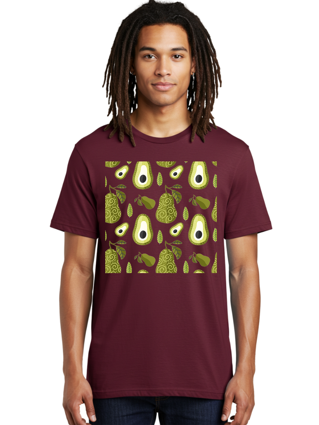 Avocado-Pattern Men'S Graphic Tee, 100% Cotton, Comfortable Casual Summer Wear, Machine Washable, Avocado Pattern, Half Avocados, Whole Avocados, Leaves, Swirls, Food Illustration, Healthy Eating, Organic Produce, Kitchen Decor, -  Aaa232