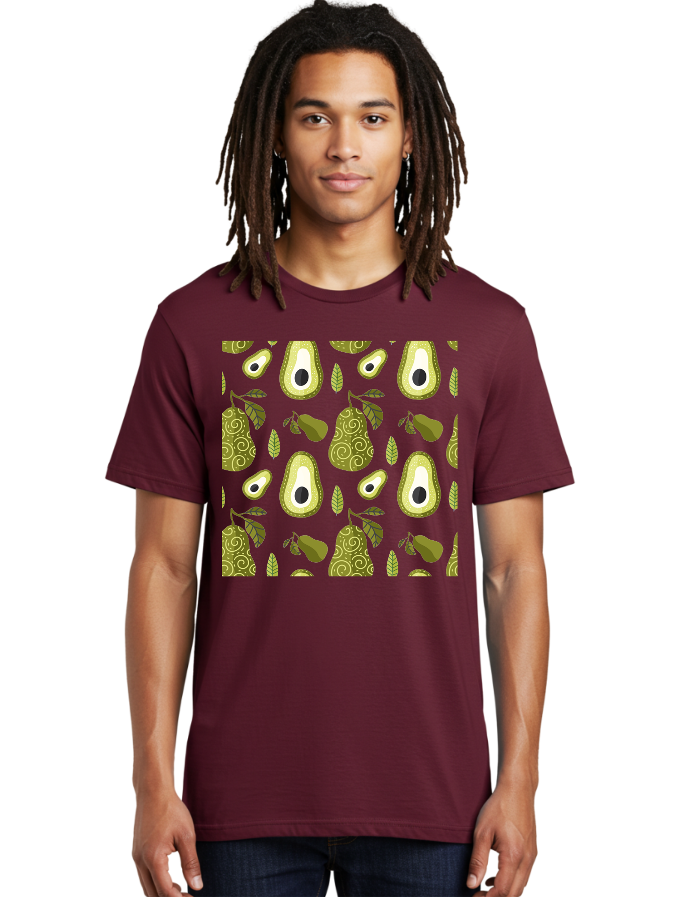 Avocado-Pattern Men'S Graphic Tee, 100% Cotton, Comfortable Casual Summer Wear, Machine Washable, Avocado Pattern, Half Avocados, Whole Avocados, Leaves, Swirls, Food Illustration, Healthy Eating, Organic Produce, Kitchen Decor, -  Aaa232