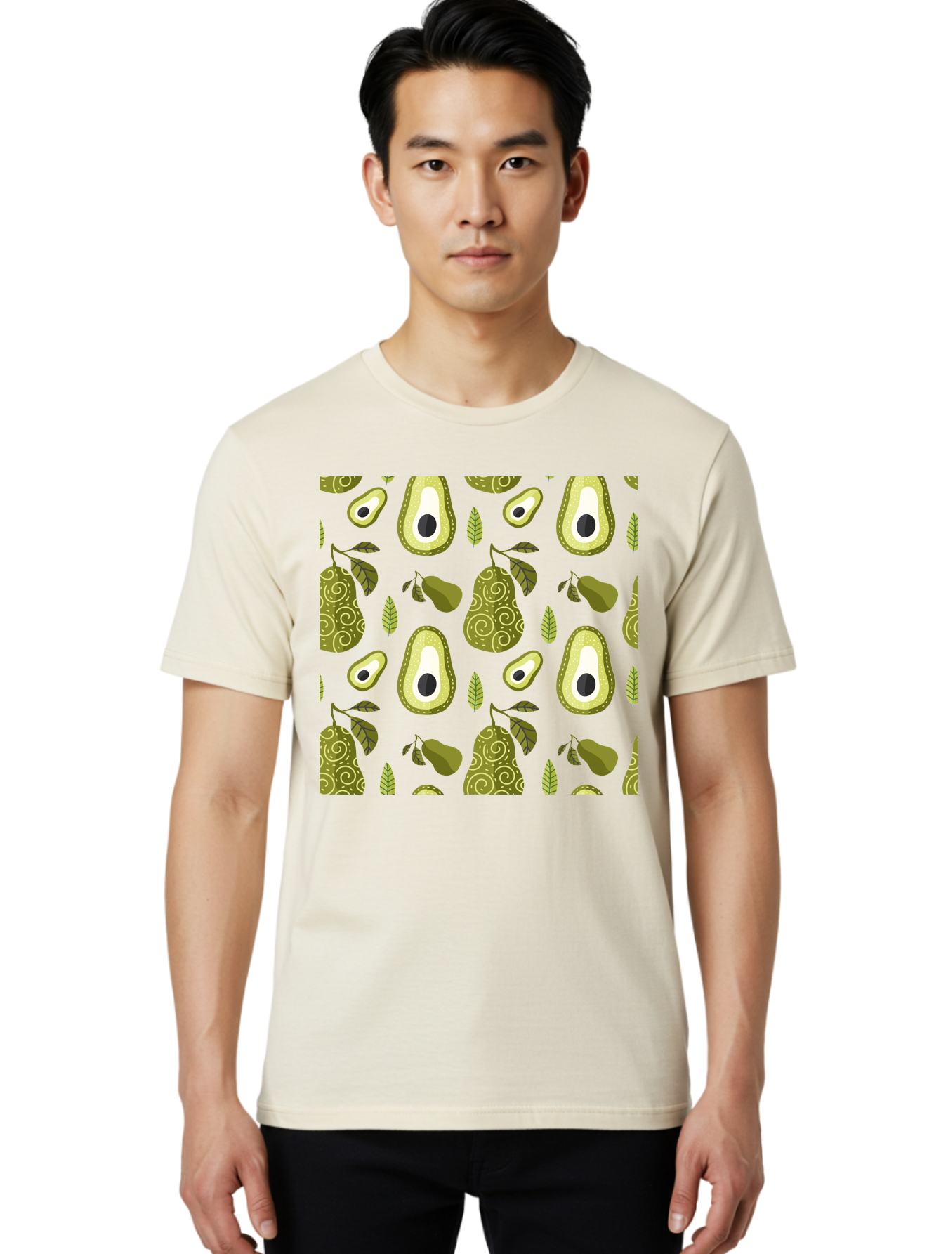 Avocado-Pattern Men'S Graphic Tee, 100% Cotton, Comfortable Casual Summer Wear, Machine Washable, Avocado Pattern, Half Avocados, Whole Avocados, Leaves, Swirls, Food Illustration, Healthy Eating, Organic Produce, Kitchen Decor, -  Aaa232