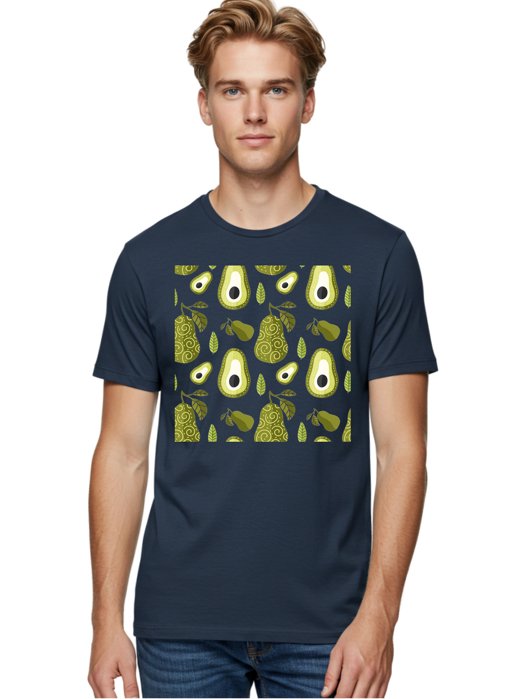Avocado-Pattern Men'S Graphic Tee, 100% Cotton, Comfortable Casual Summer Wear, Machine Washable, Avocado Pattern, Half Avocados, Whole Avocados, Leaves, Swirls, Food Illustration, Healthy Eating, Organic Produce, Kitchen Decor, -  Aaa232