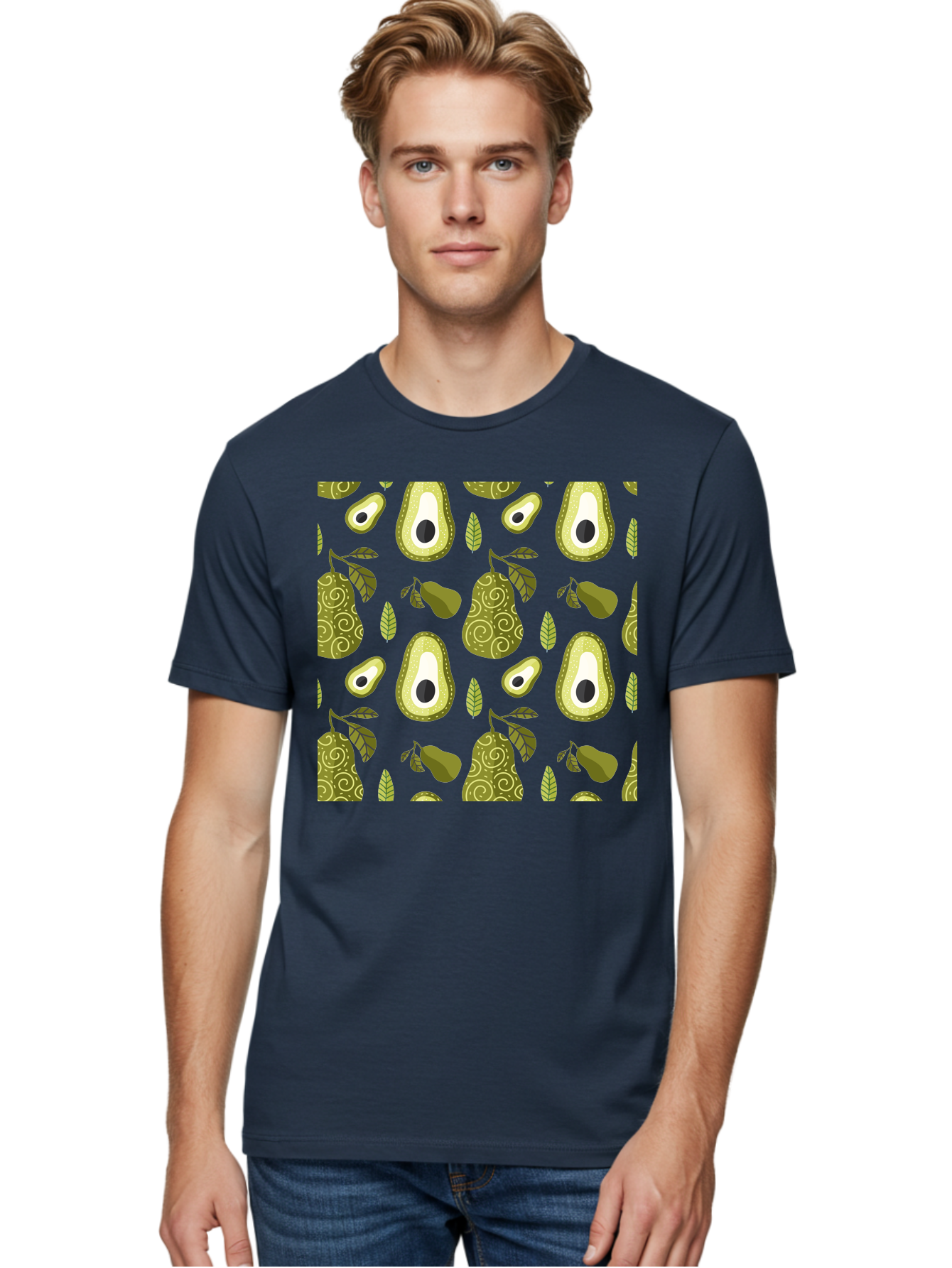 Avocado-Pattern Men'S Graphic Tee, 100% Cotton, Comfortable Casual Summer Wear, Machine Washable, Avocado Pattern, Half Avocados, Whole Avocados, Leaves, Swirls, Food Illustration, Healthy Eating, Organic Produce, Kitchen Decor, -  Aaa232