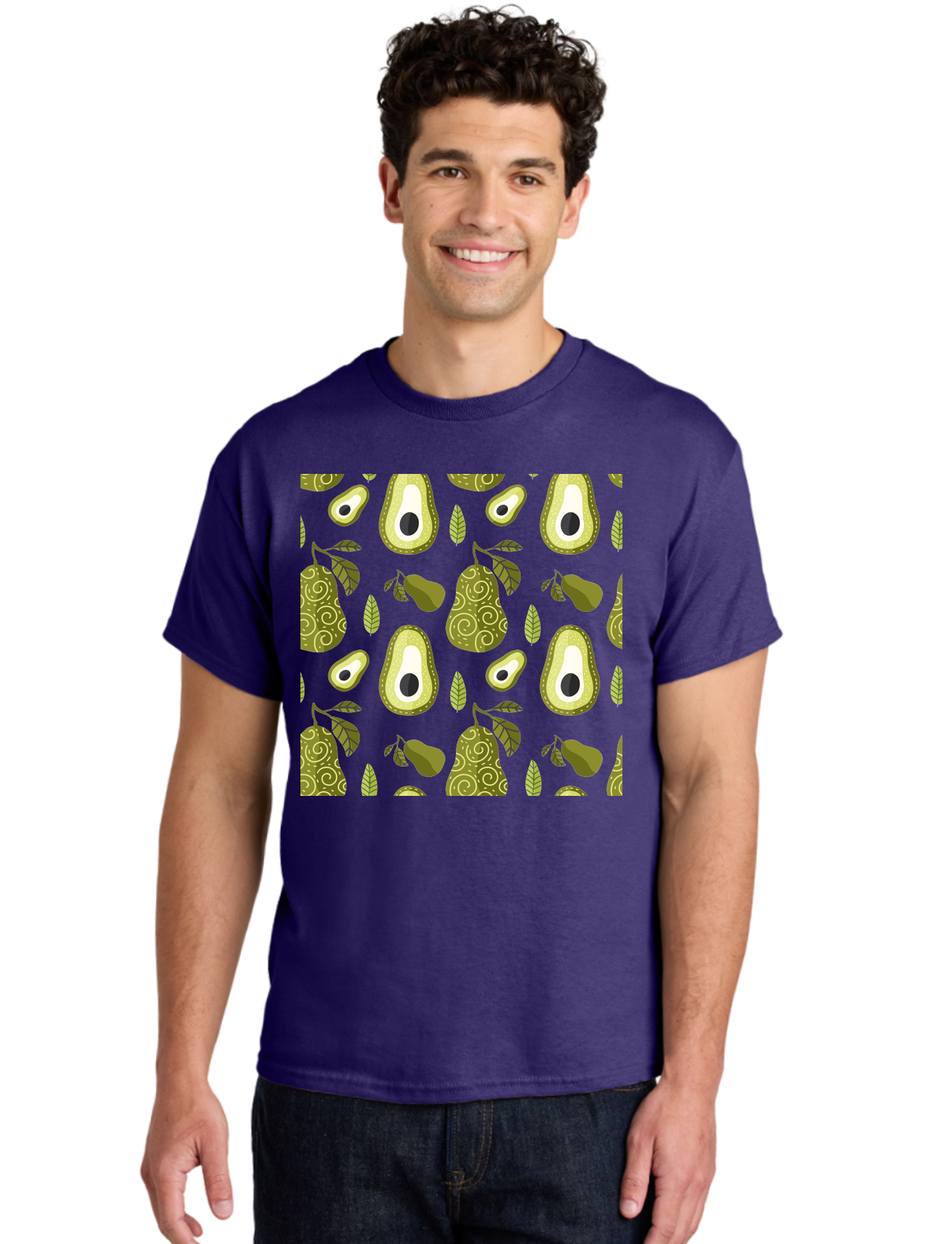 Avocado-Pattern Men'S Graphic Tee, 100% Cotton, Comfortable Casual Summer Wear, Machine Washable, Avocado Pattern, Half Avocados, Whole Avocados, Leaves, Swirls, Food Illustration, Healthy Eating, Organic Produce, Kitchen Decor, -  Aaa232