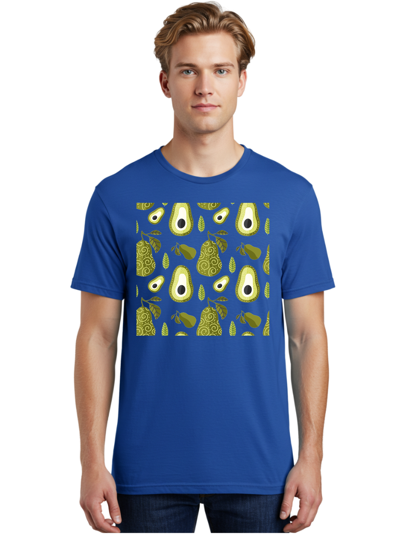 Avocado-Pattern Men'S Graphic Tee, 100% Cotton, Comfortable Casual Summer Wear, Machine Washable, Avocado Pattern, Half Avocados, Whole Avocados, Leaves, Swirls, Food Illustration, Healthy Eating, Organic Produce, Kitchen Decor, -  Aaa232