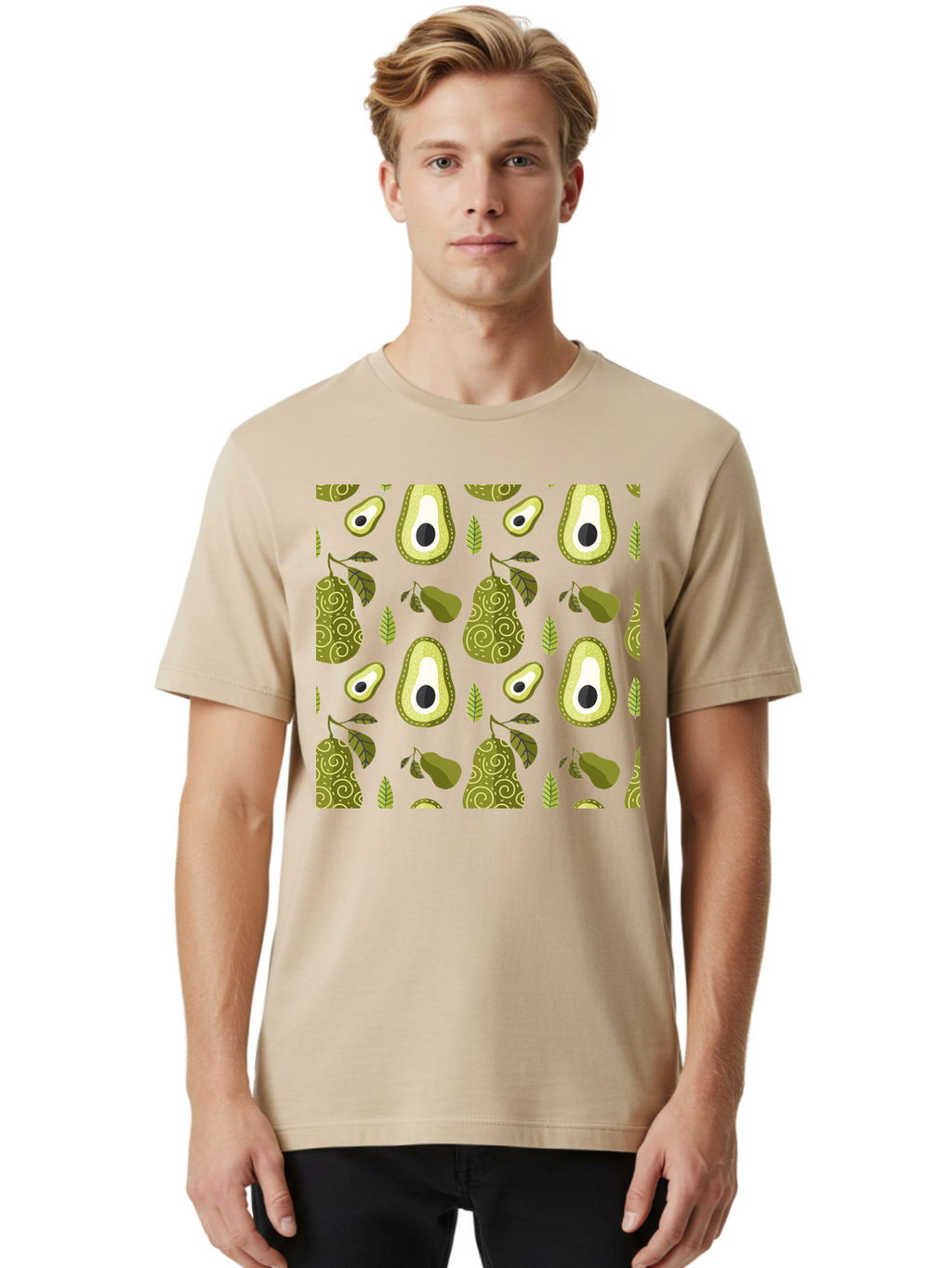 Avocado-Pattern Men'S Graphic Tee, 100% Cotton, Comfortable Casual Summer Wear, Machine Washable, Avocado Pattern, Half Avocados, Whole Avocados, Leaves, Swirls, Food Illustration, Healthy Eating, Organic Produce, Kitchen Decor, -  Aaa232