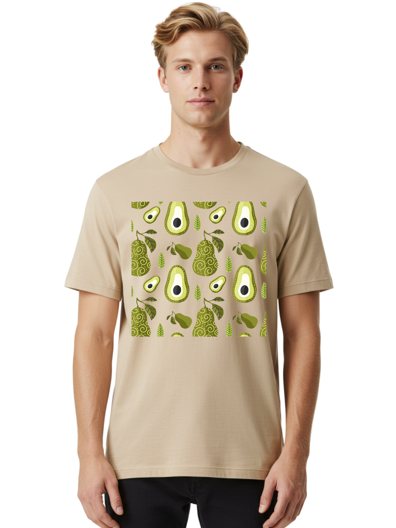 Avocado-Pattern Men'S Graphic Tee, 100% Cotton, Comfortable Casual Summer Wear, Machine Washable, Avocado Pattern, Half Avocados, Whole Avocados, Leaves, Swirls, Food Illustration, Healthy Eating, Organic Produce, Kitchen Decor, -  Aaa232